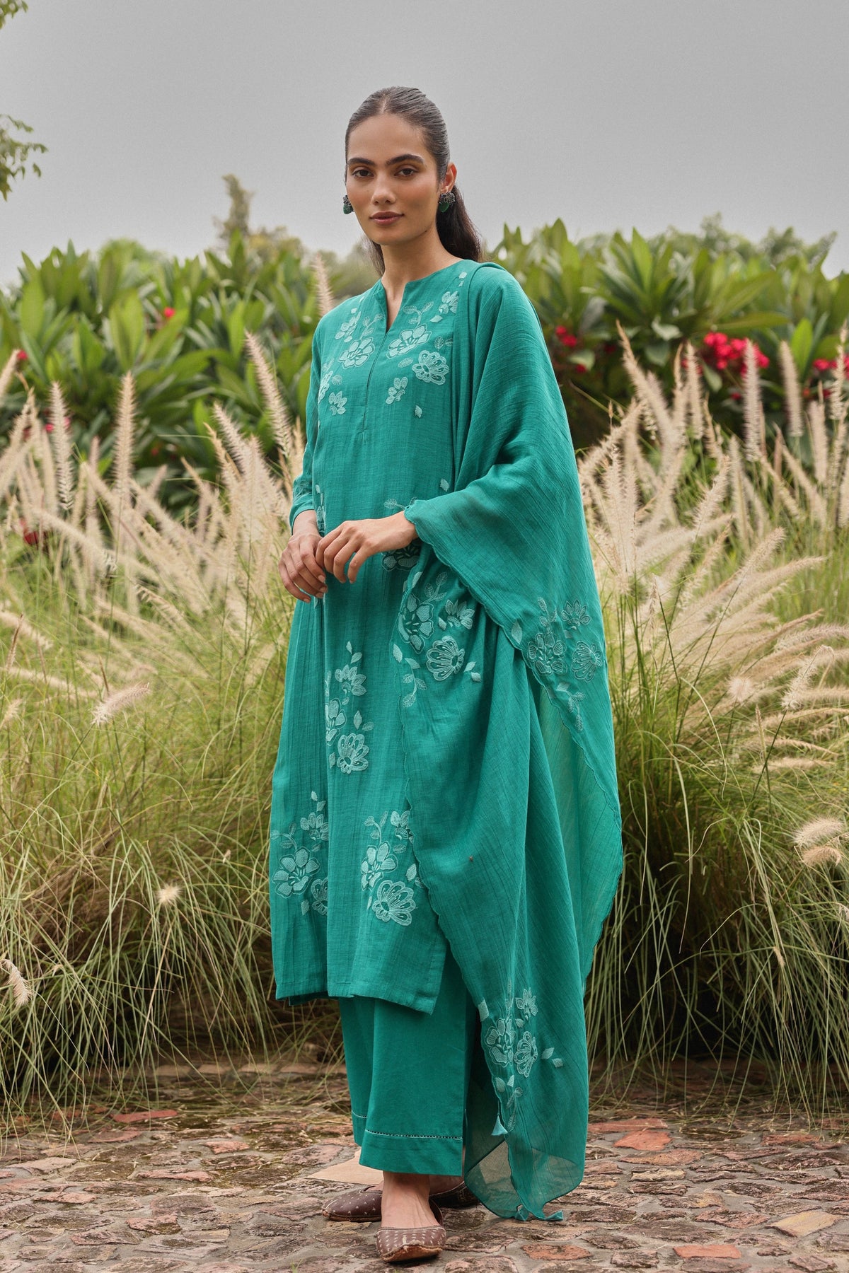 Teal Applique Embroidered Kurta Set