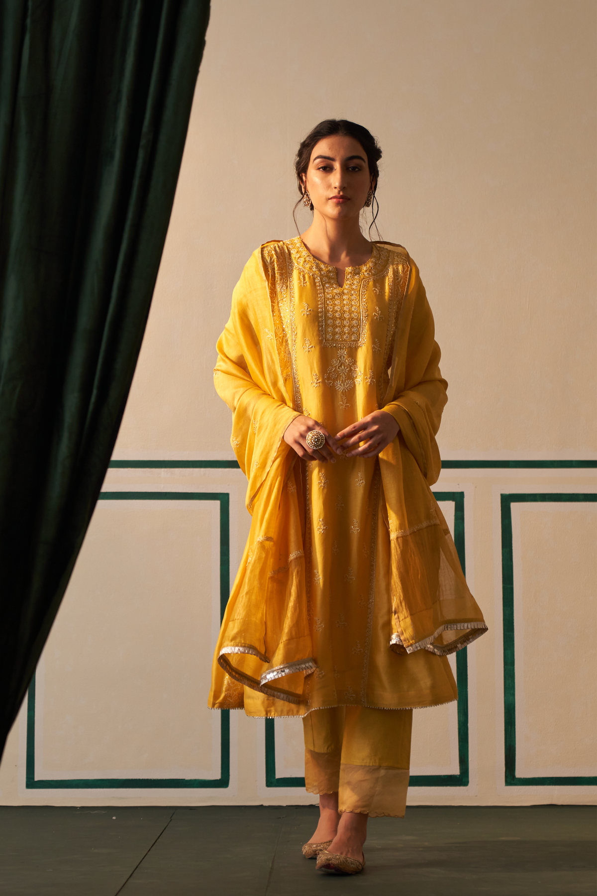 Mango Yellow Chanderi Chikankari Anarkali