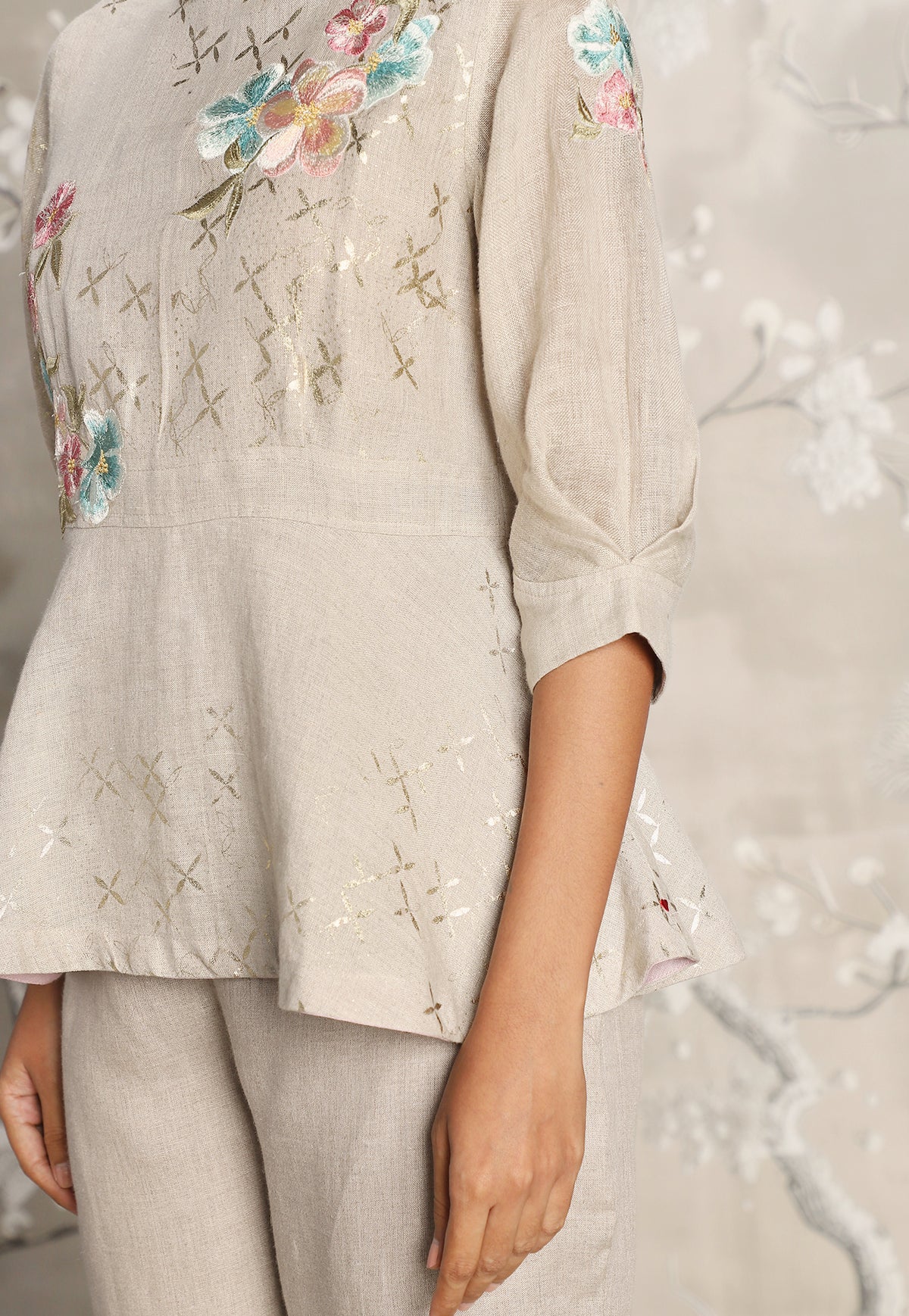 Natural Corsage Peplum Top and Pant Set