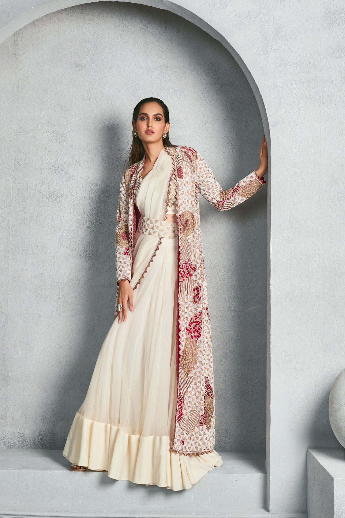 Hand Embellished Ivory Long Jacket Set