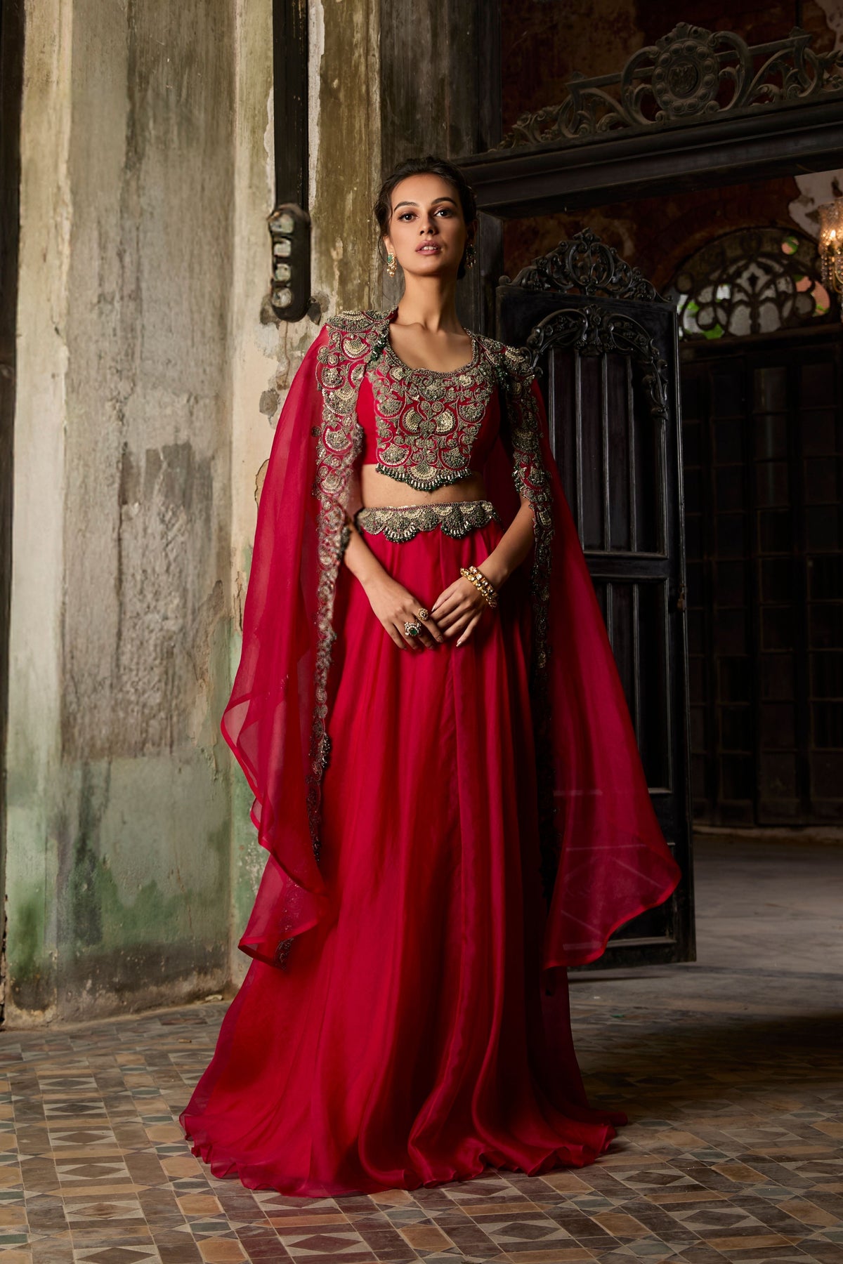 Red Organza Cape Set