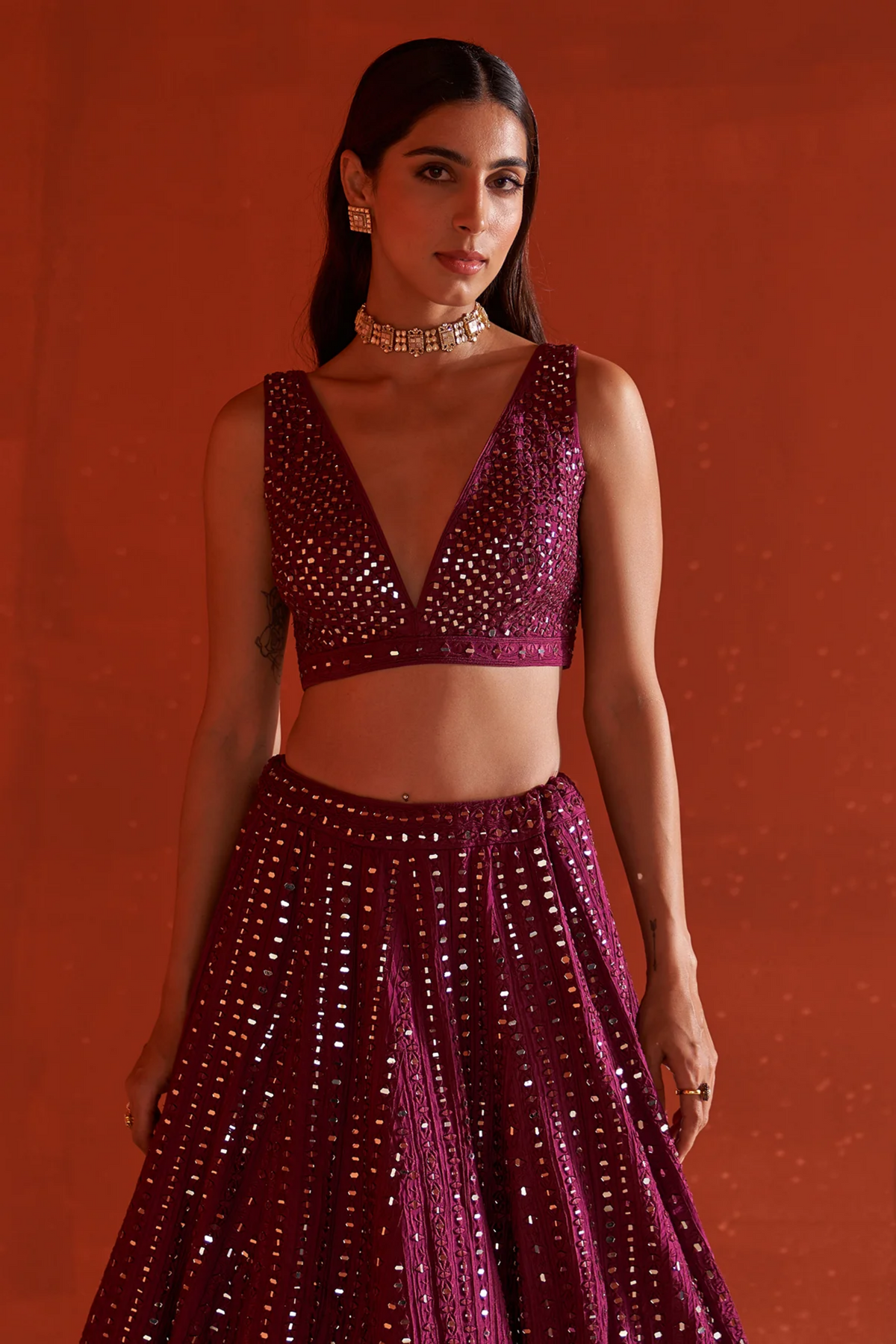 Wine Raw Silk Lehenga Set