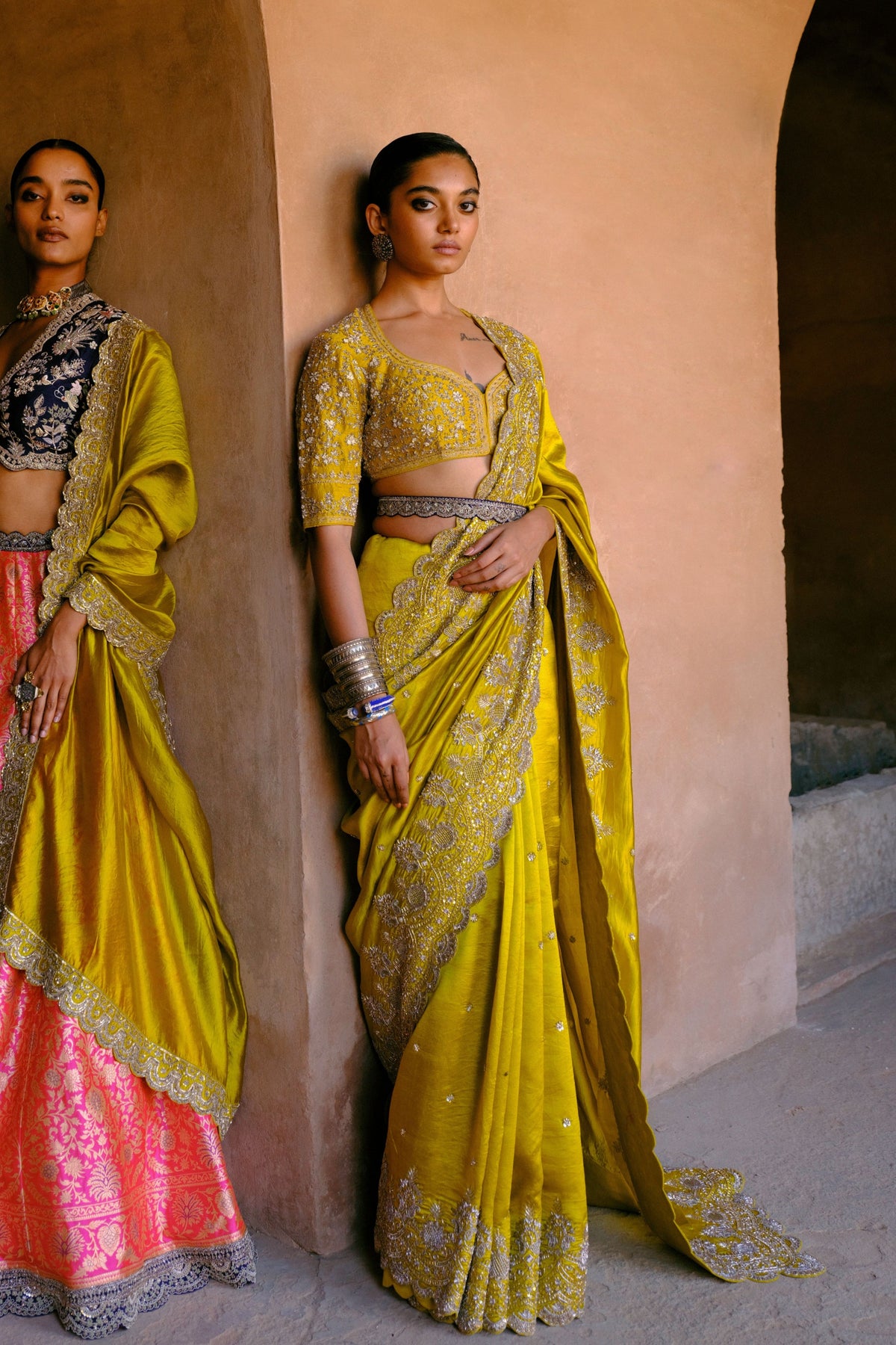 Embroidered Mustard Saree Set