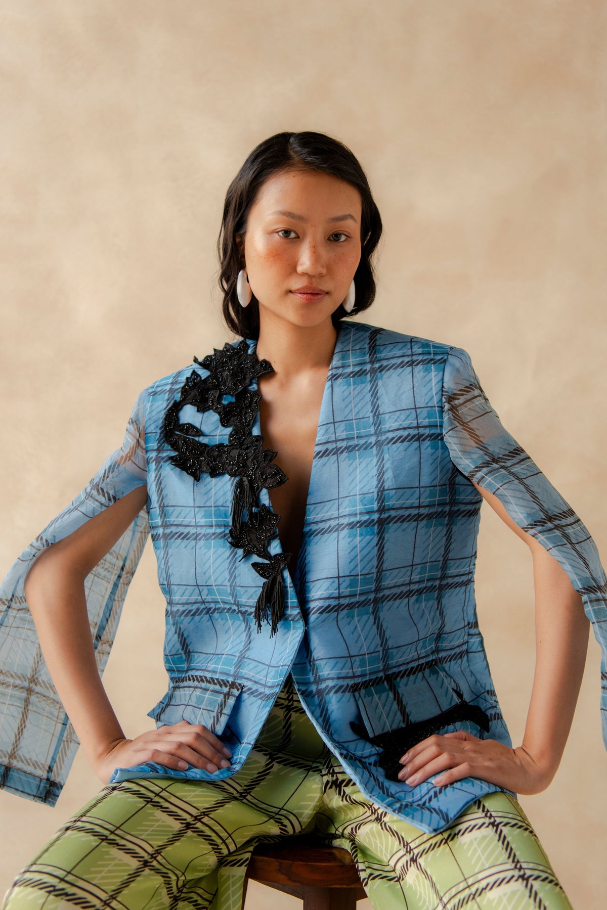 Plaid Embroidered Blazer With Pants