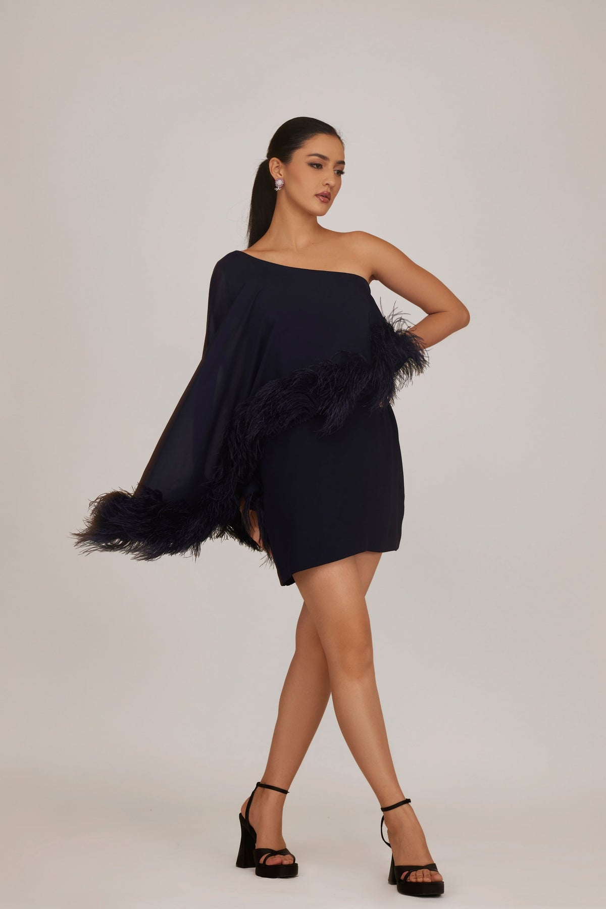 Feather Asymmetric Cape Dress
