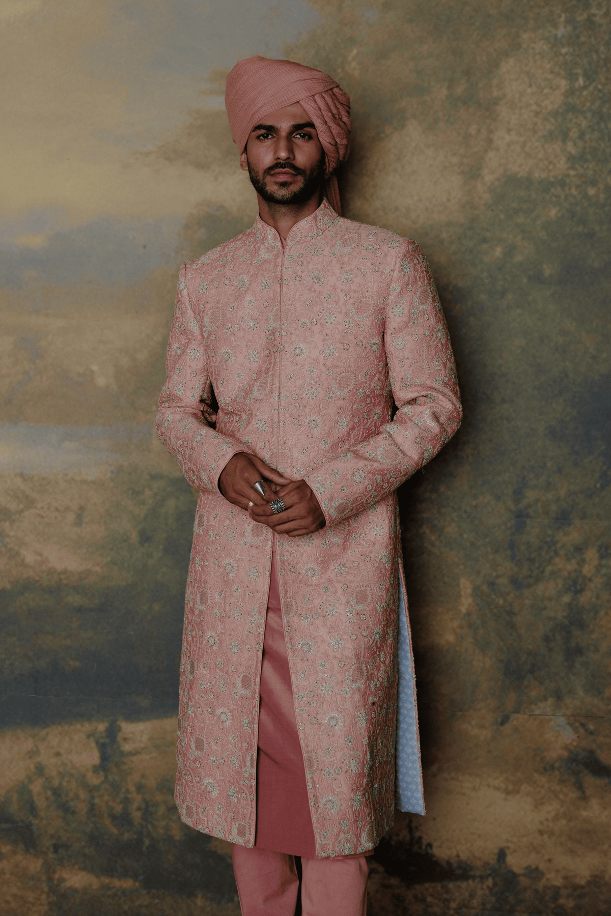 Peach Sherwani Set With Pagdi