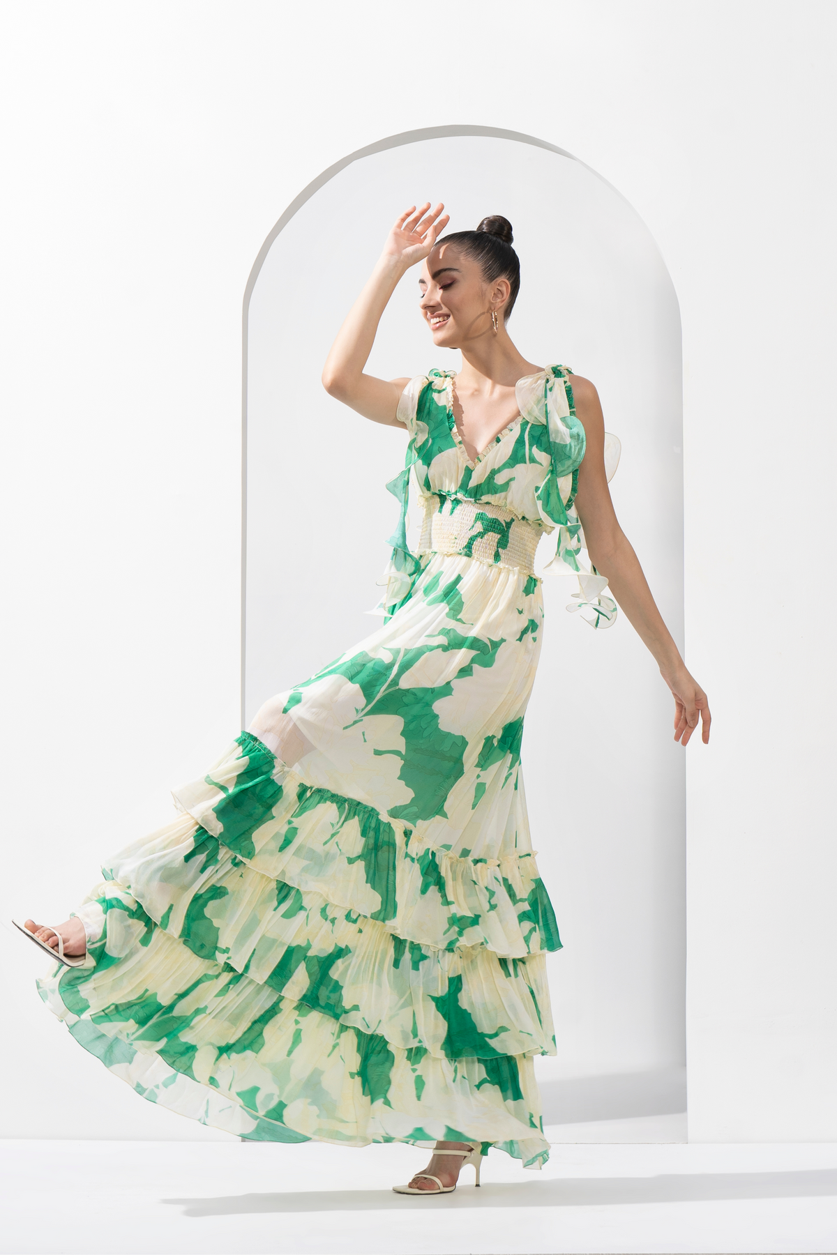 Bling Texture Chiffon Printed Tiered Dress