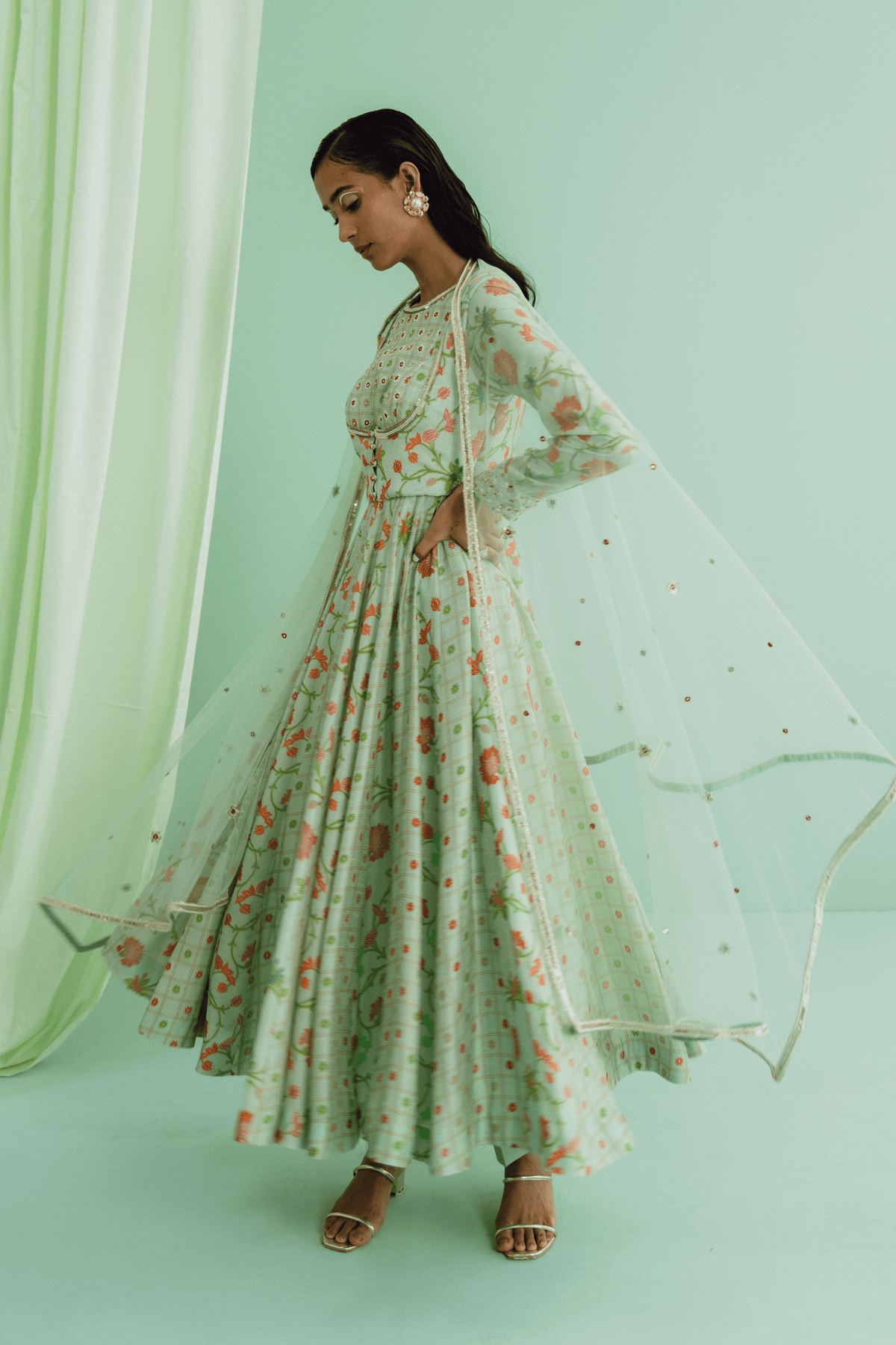 Green Mix Print Yoke Anarkali Set