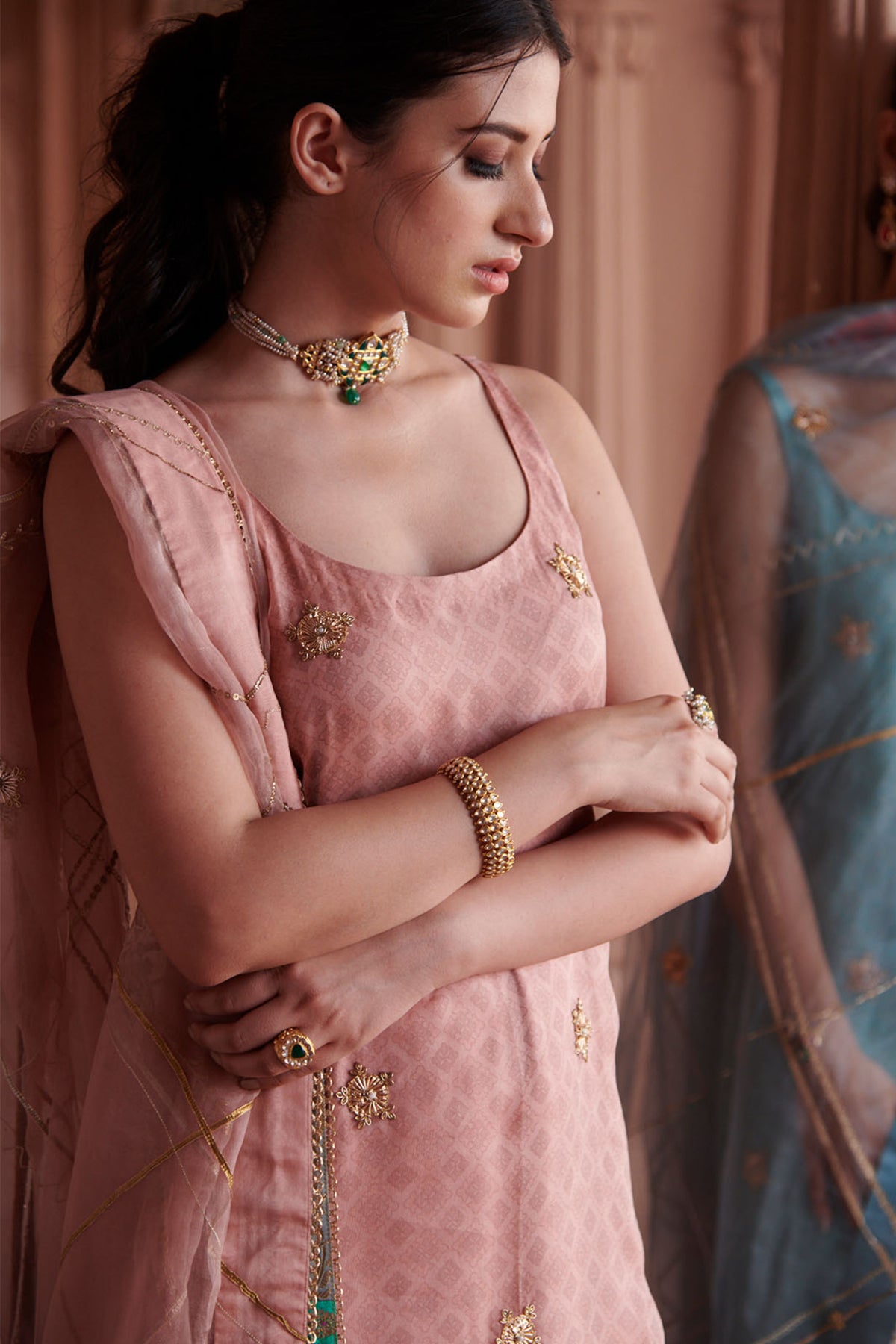 Zahra Nude Pink Printed Organza Panel Kurta Set