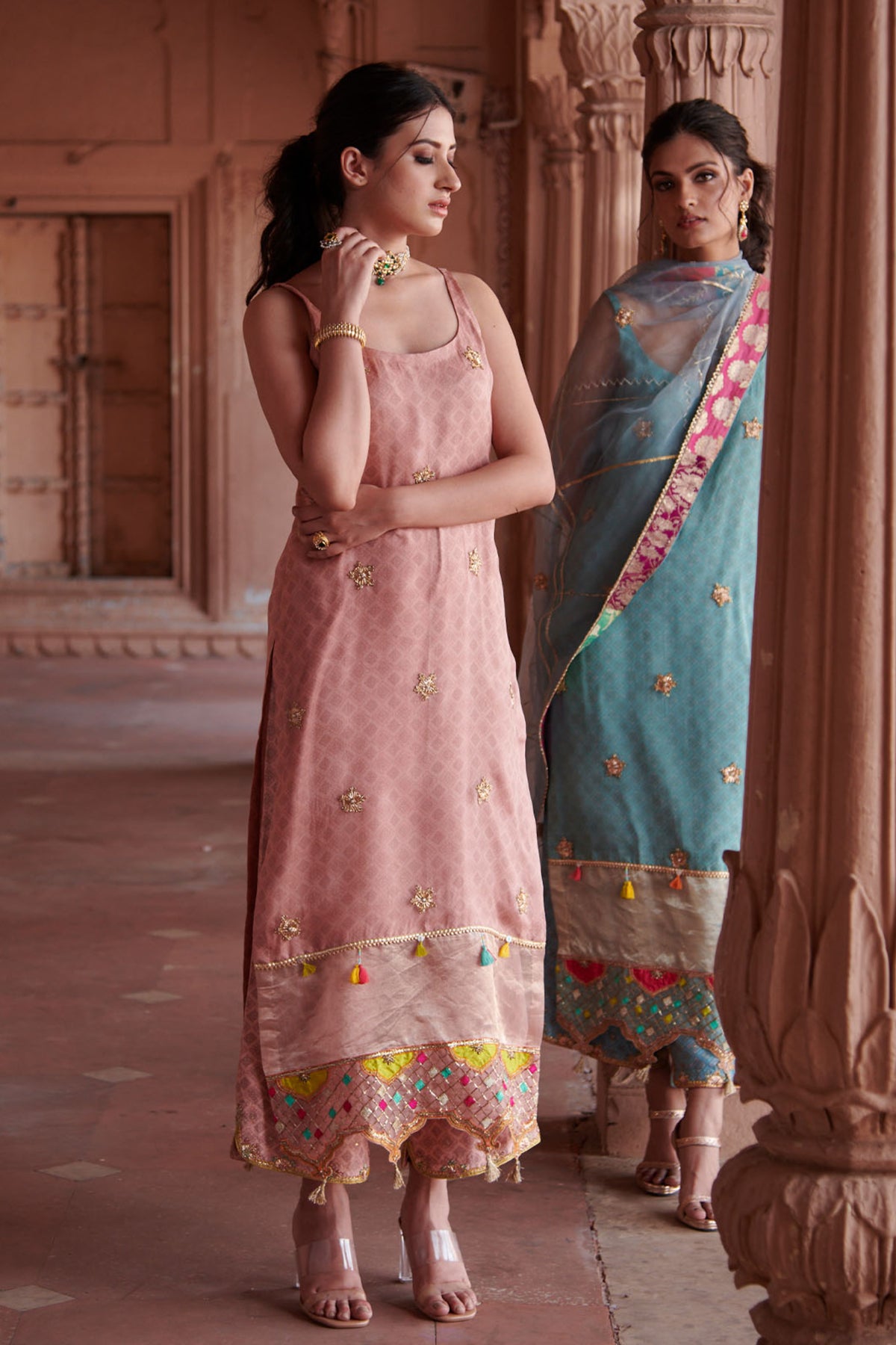 Zahra Nude Pink Printed Organza Panel Kurta Set