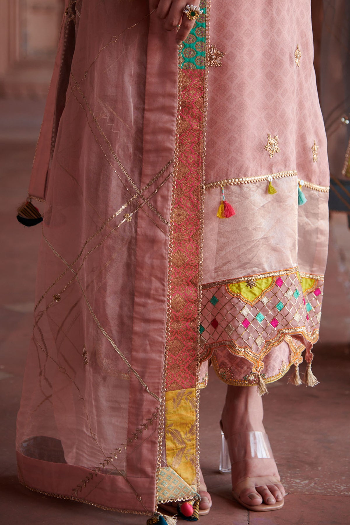 Zahra Nude Pink Printed Organza Panel Kurta Set