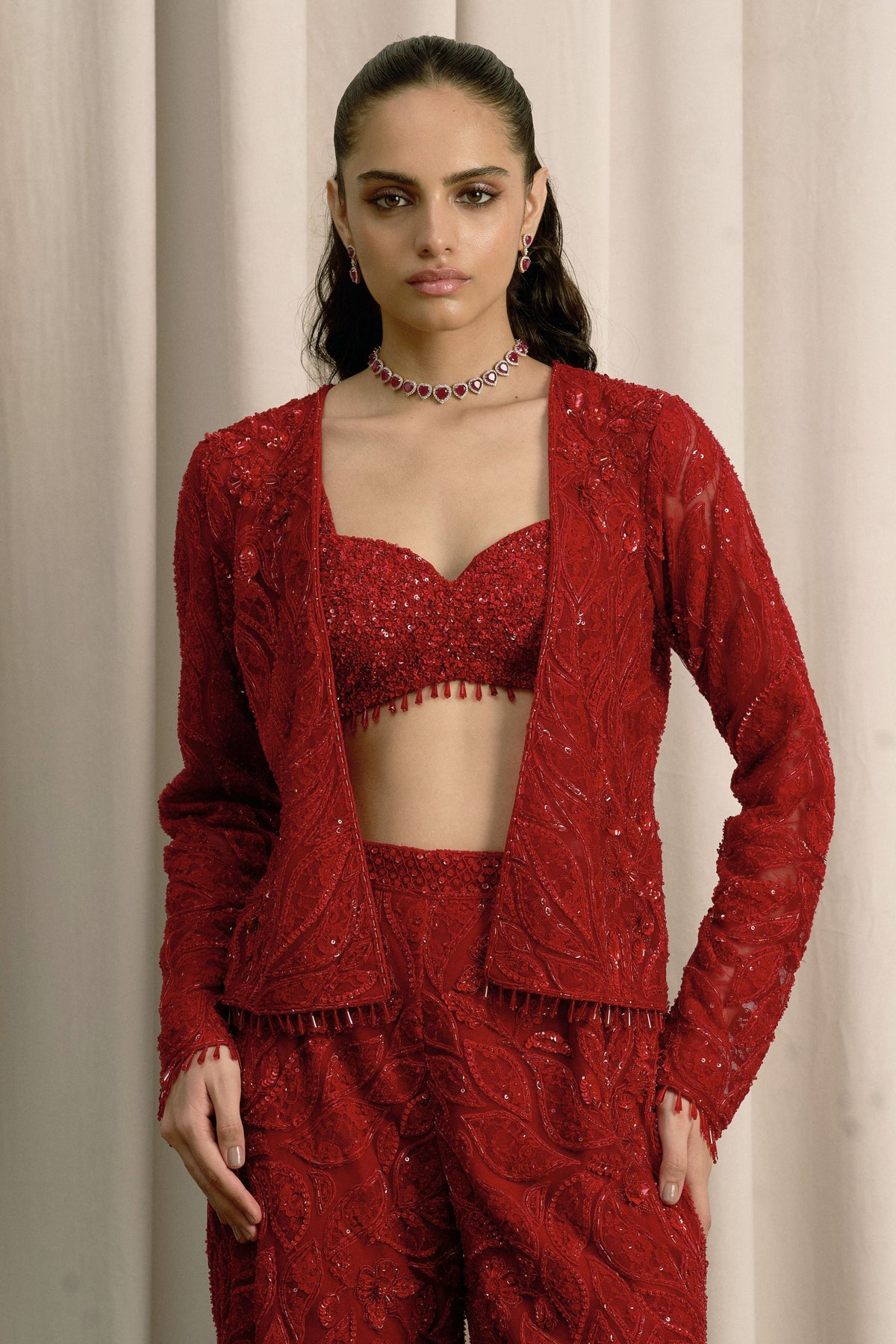 Red Foliage Embroidered Jacket Set