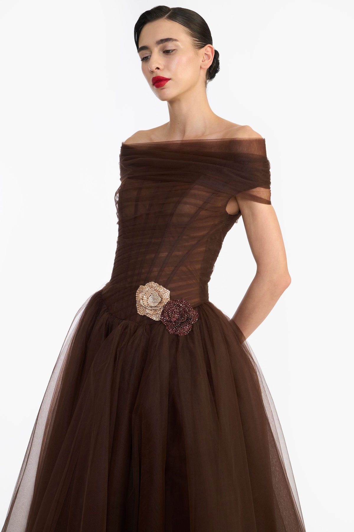 Off Shoulder Draped Tulle Midi