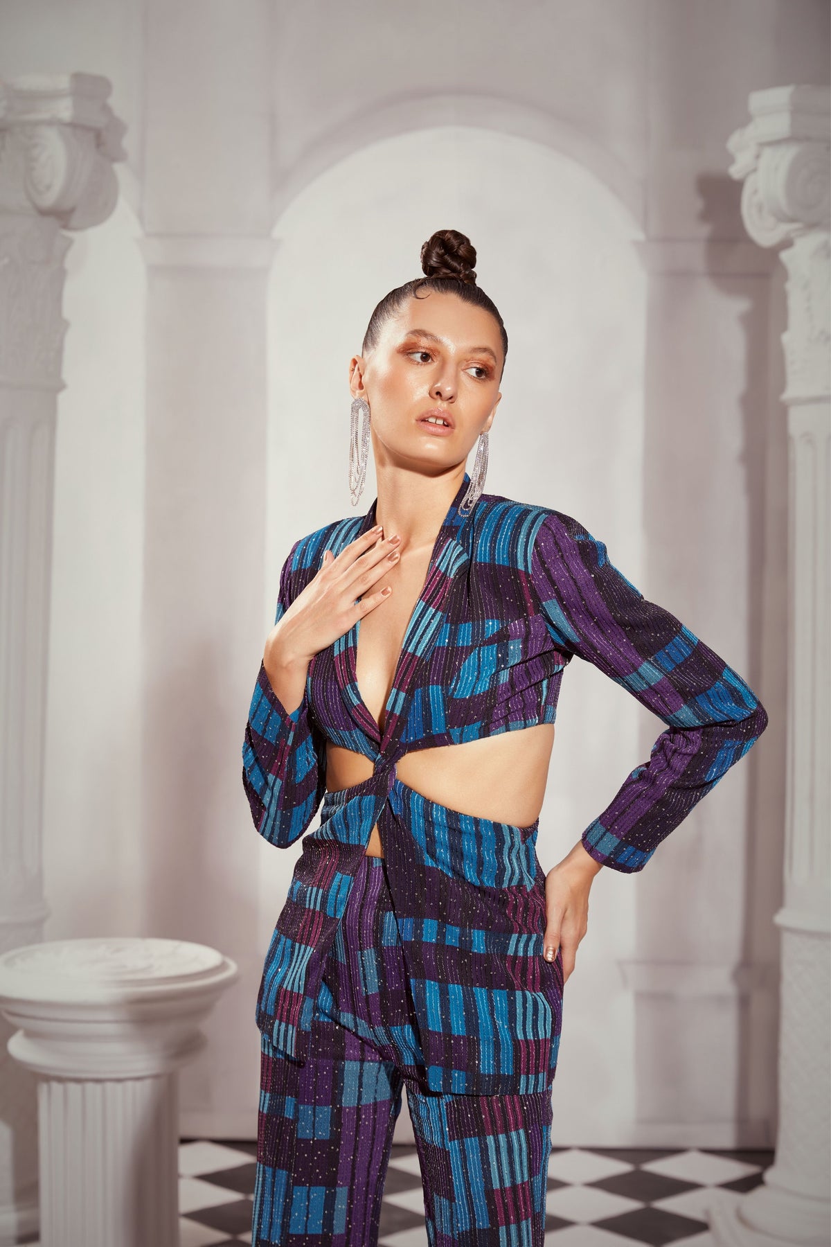 Blue Tile Print Cutout Front  Pantsuit Set