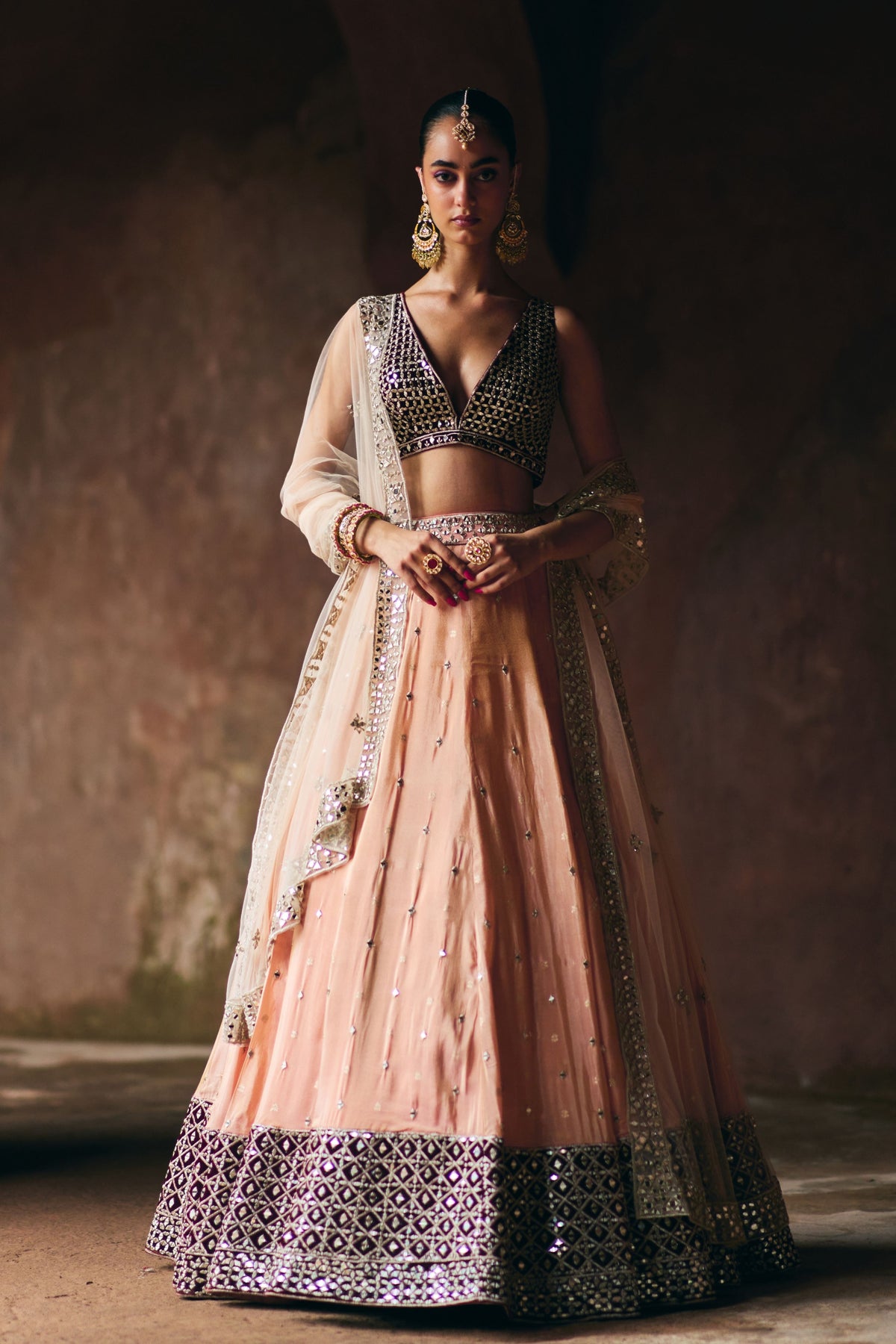 Peach and Maroon Lehenga Set