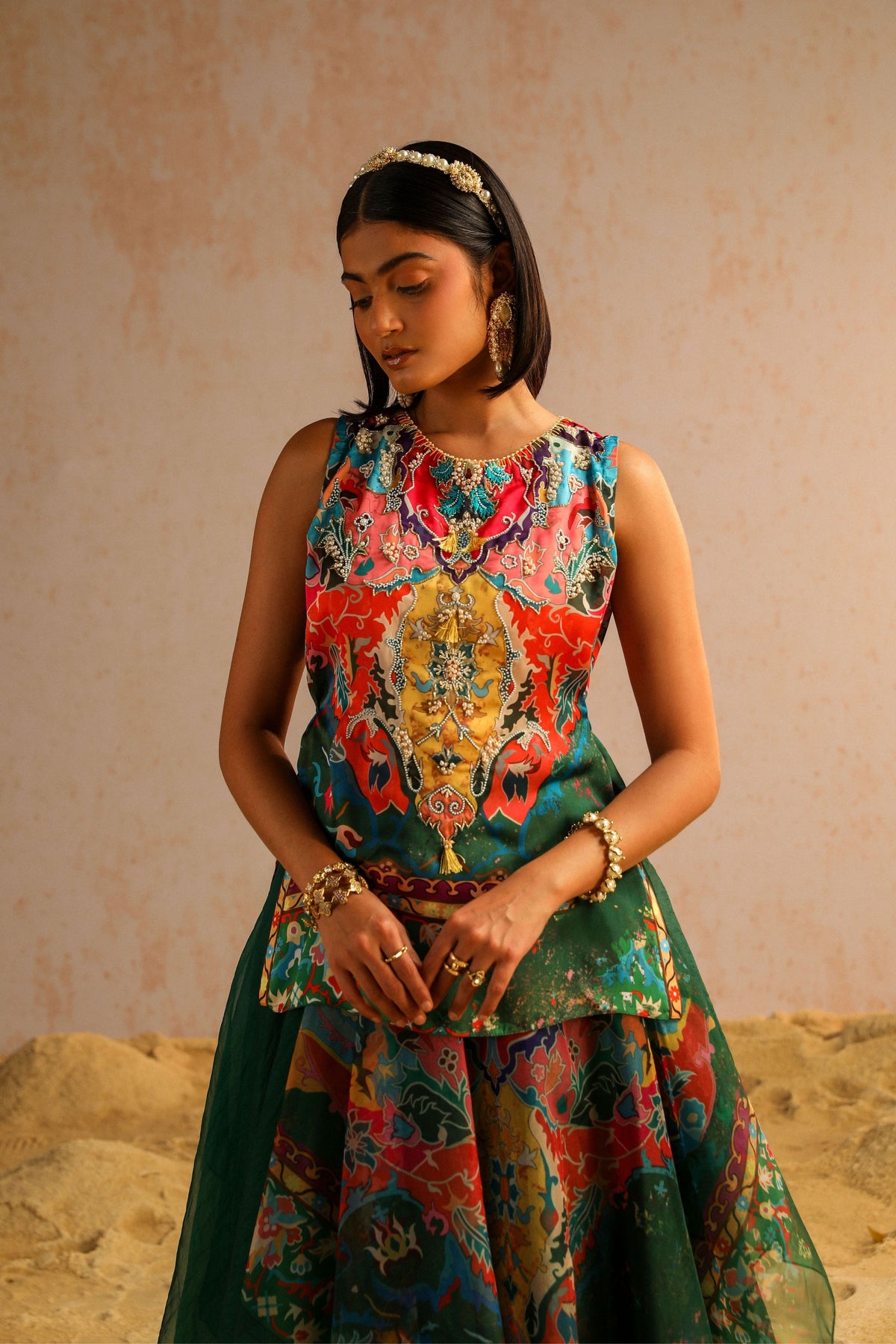 Green Kurti With Layered Skirt