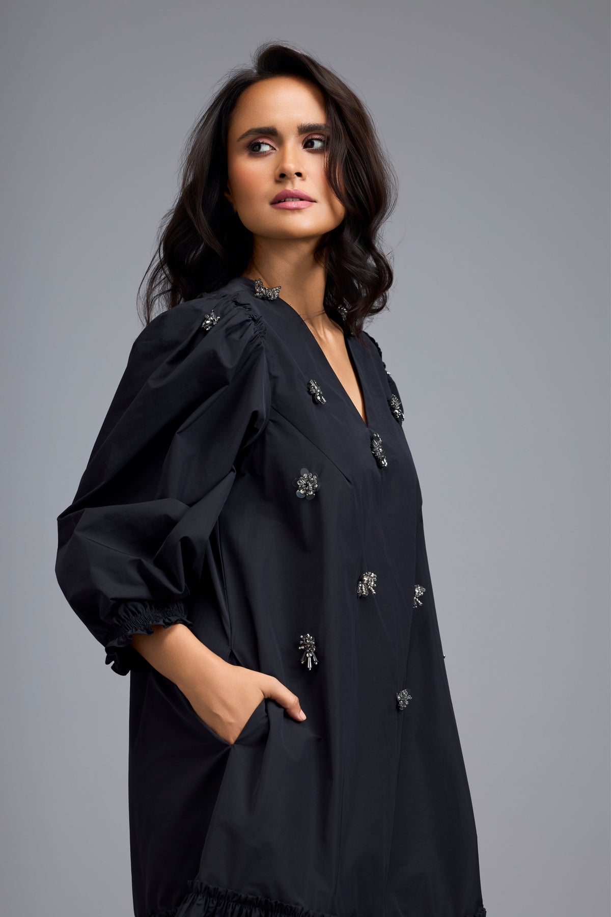 Long Gathered Embellished  Dress