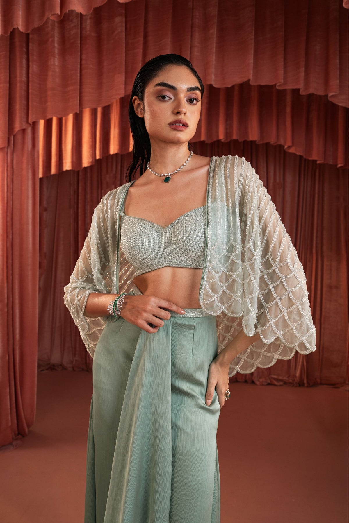 Sea Green Beaded Cape Set