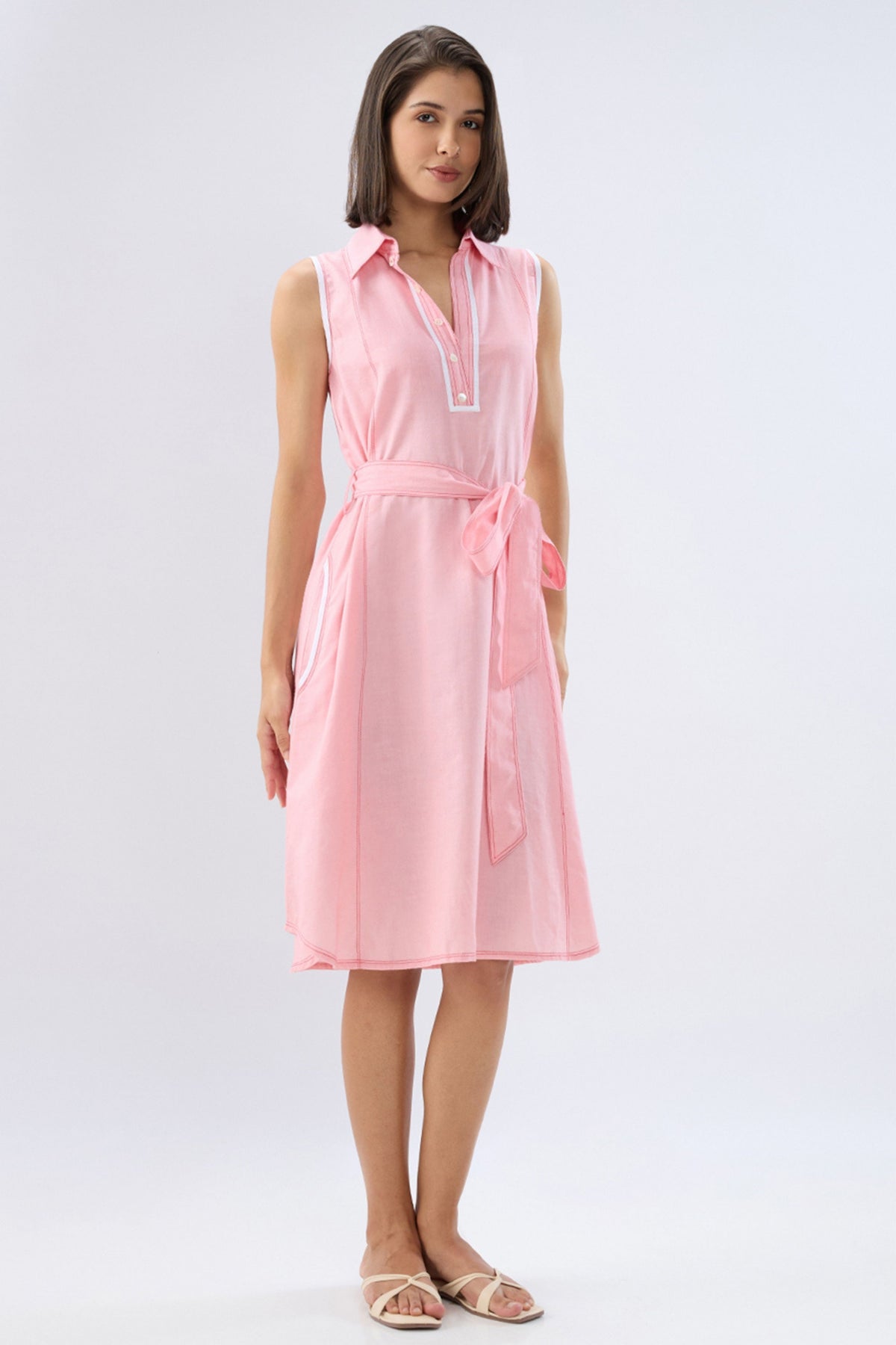 Pink A-line Tie-up Dress