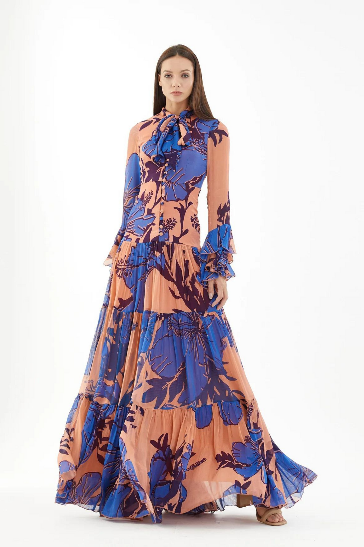 Blue And Orange Floral Long Dress