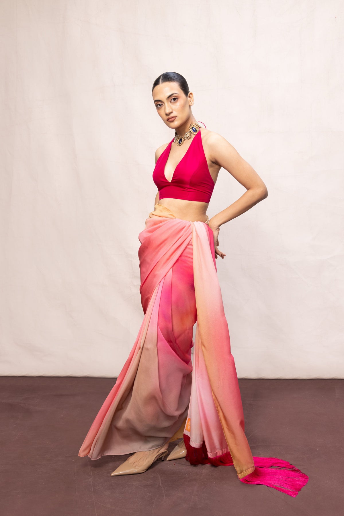 Pink & Pista Ombre Chiffon Saree