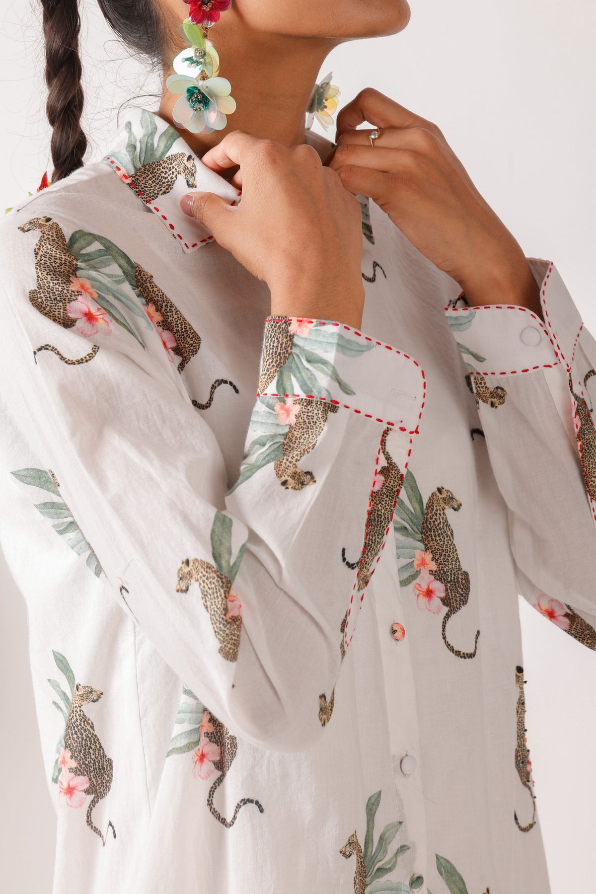 Embroidered Leopard Print Shirt Dress