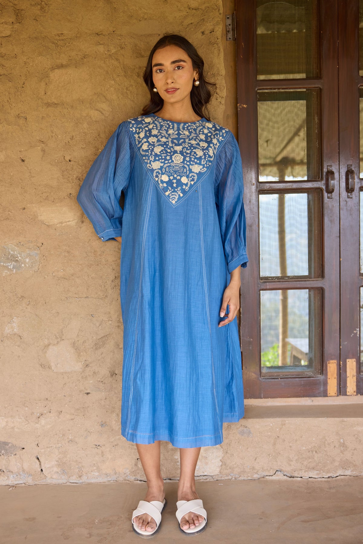 Blue Embroidered Yoke Chanderi Dress