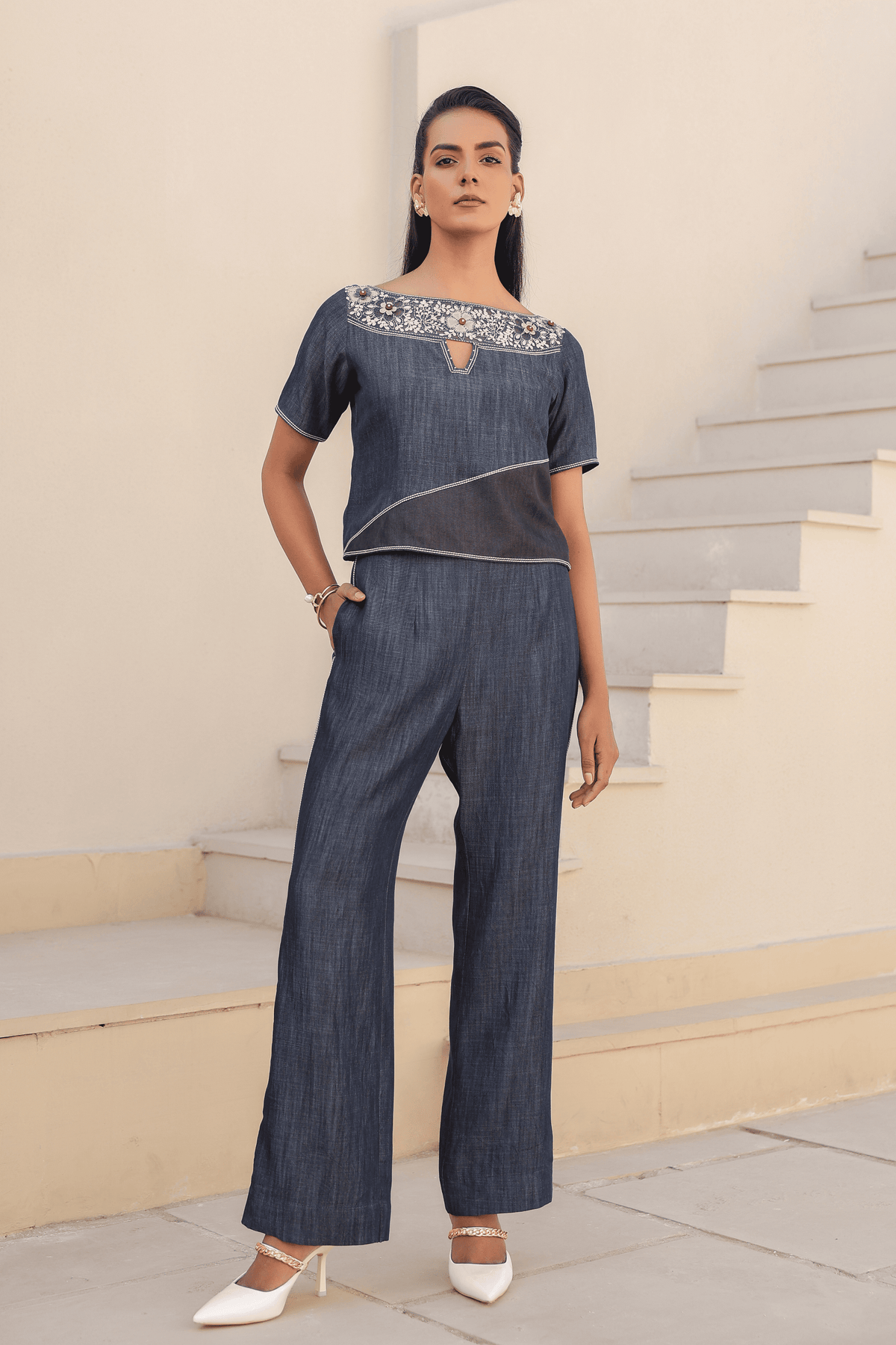 Azure Boat Neck Co-ord Set in Dark Blue
