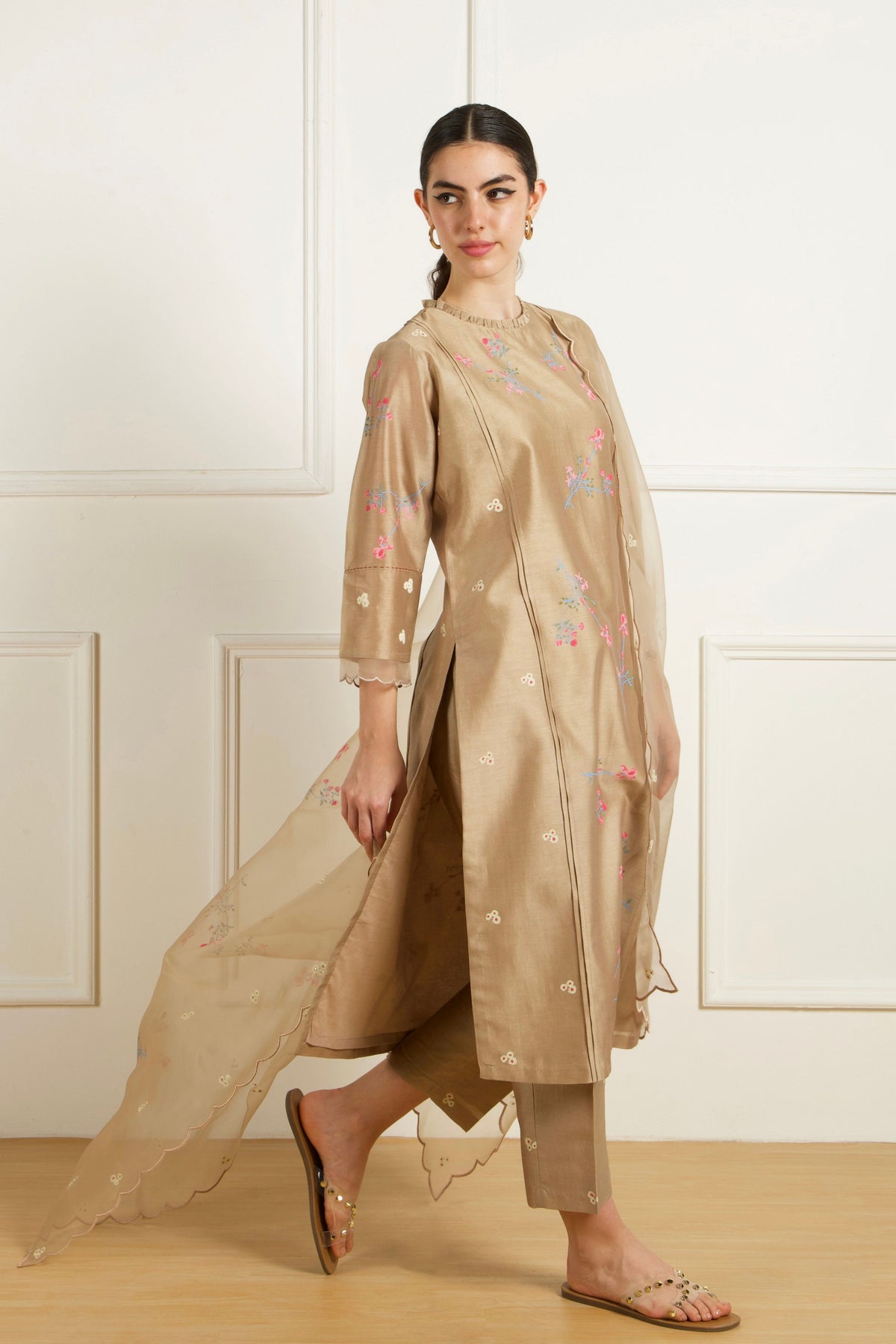 Beige Front Pleats Kurta Set