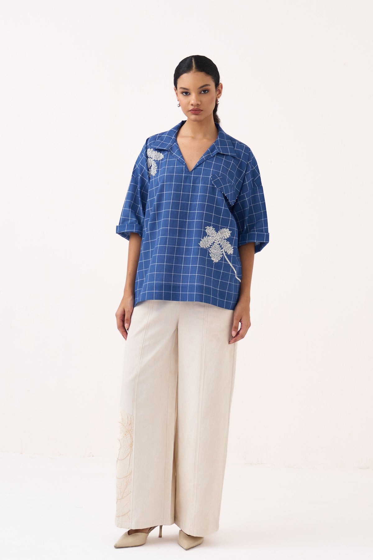 Embroidered V Neck Top