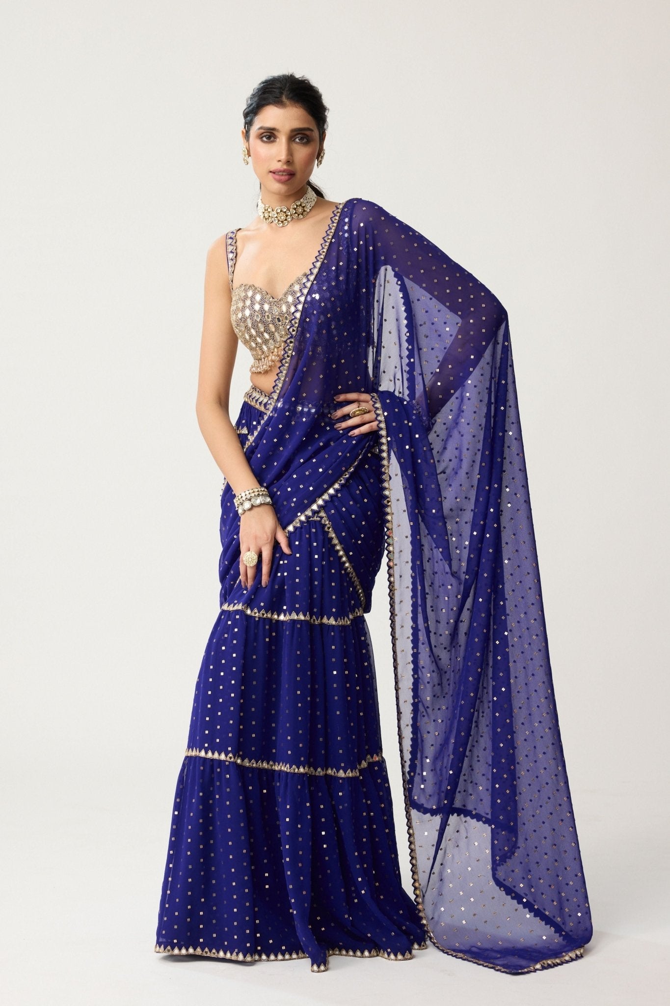 Persian Blue Multi - tier Saree Set - Vvani by Vani Vats - Elahe