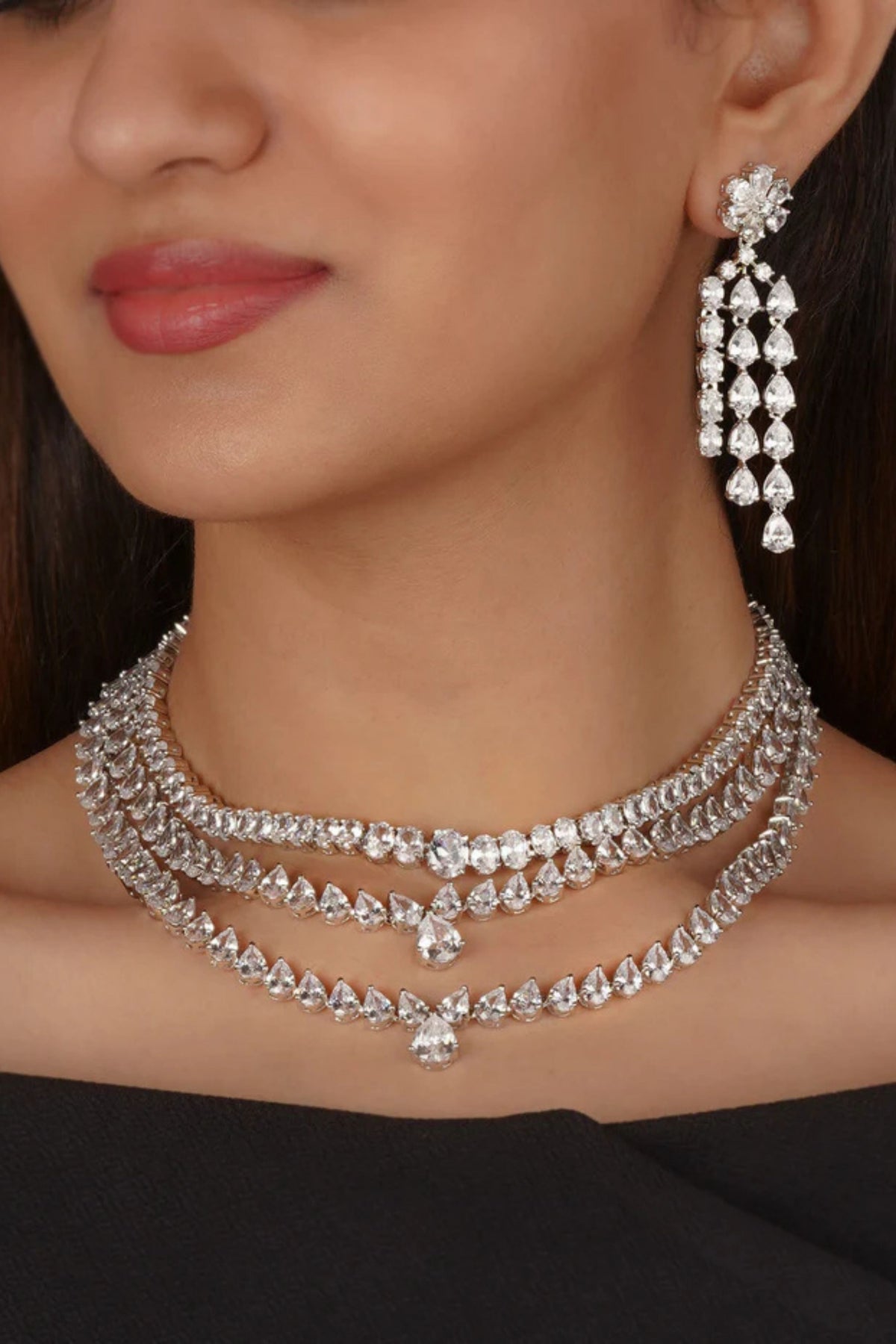 White Color Silver Plated Faux Diamond Necklace Set