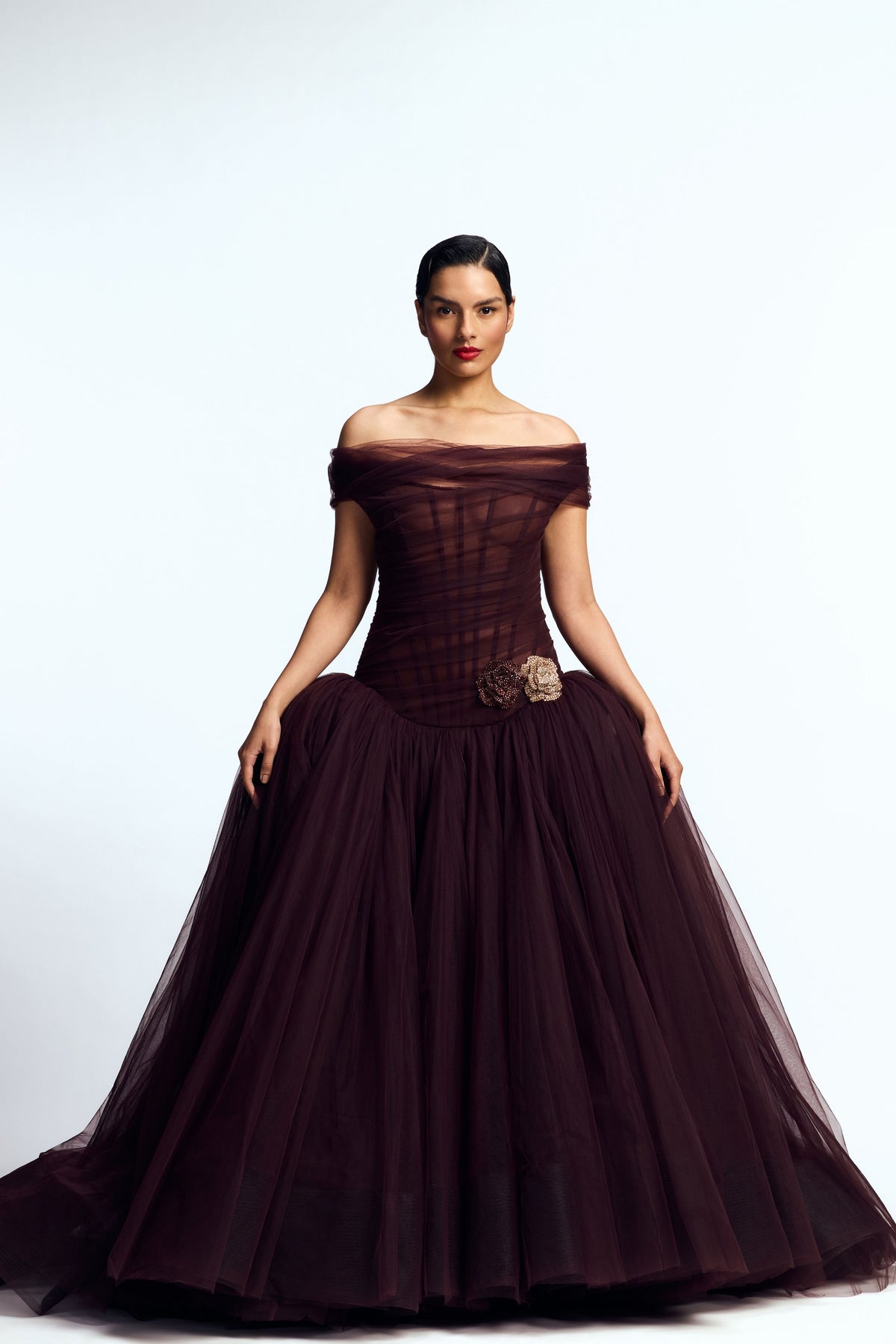 Off Shoulder Draped Tulle Gown