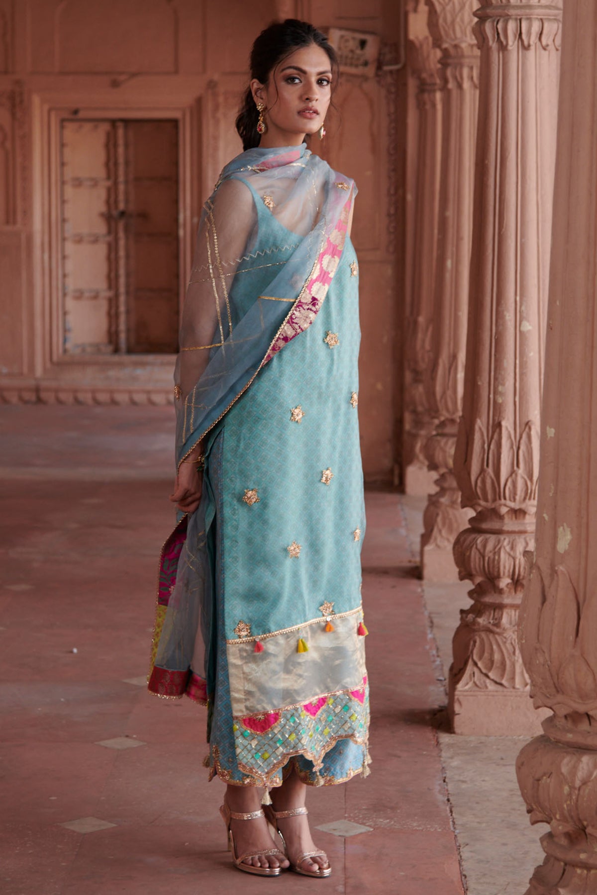 Zahra Ice Blue Printed Organza Panel Kurta Set