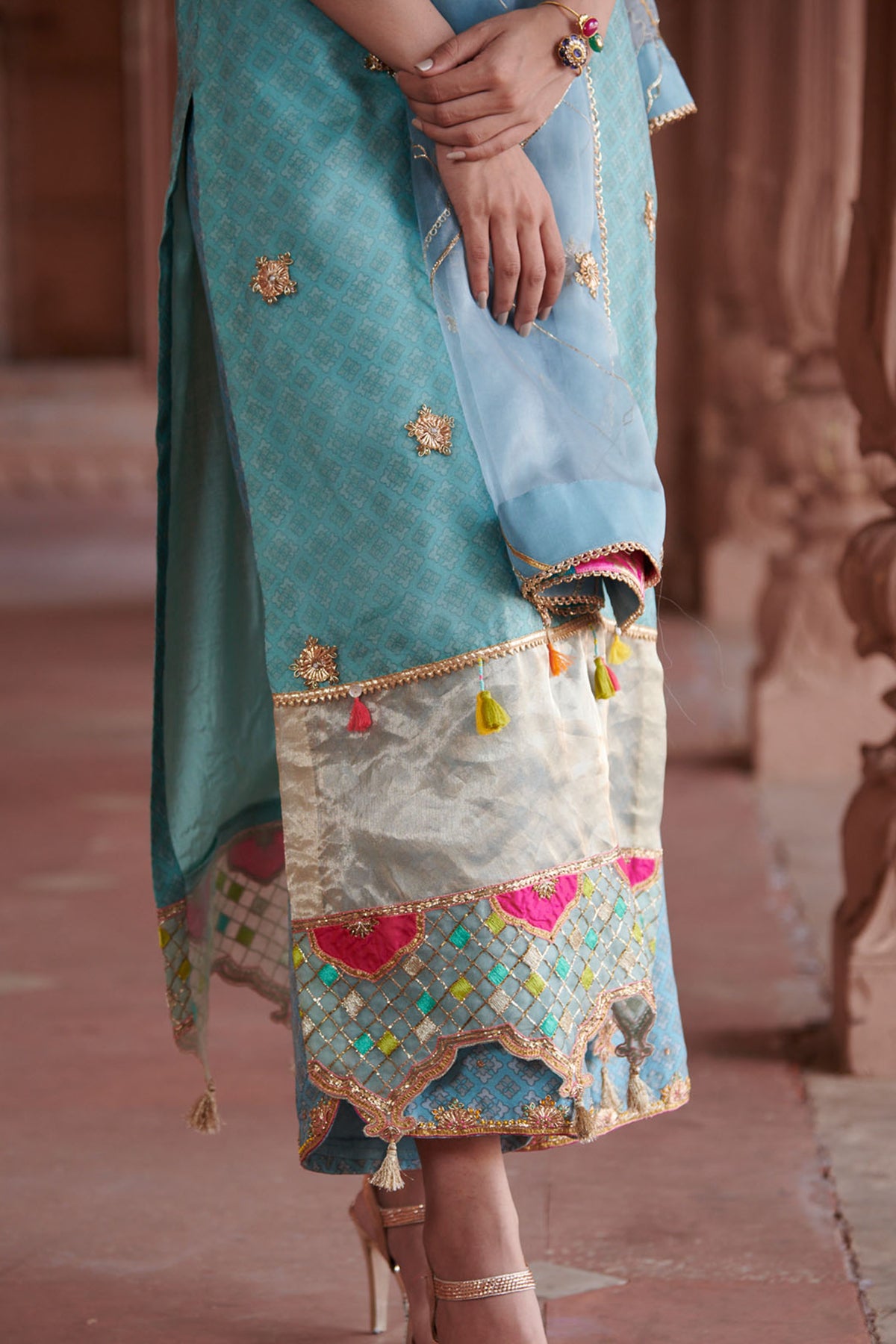 Zahra Ice Blue Printed Organza Panel Kurta Set