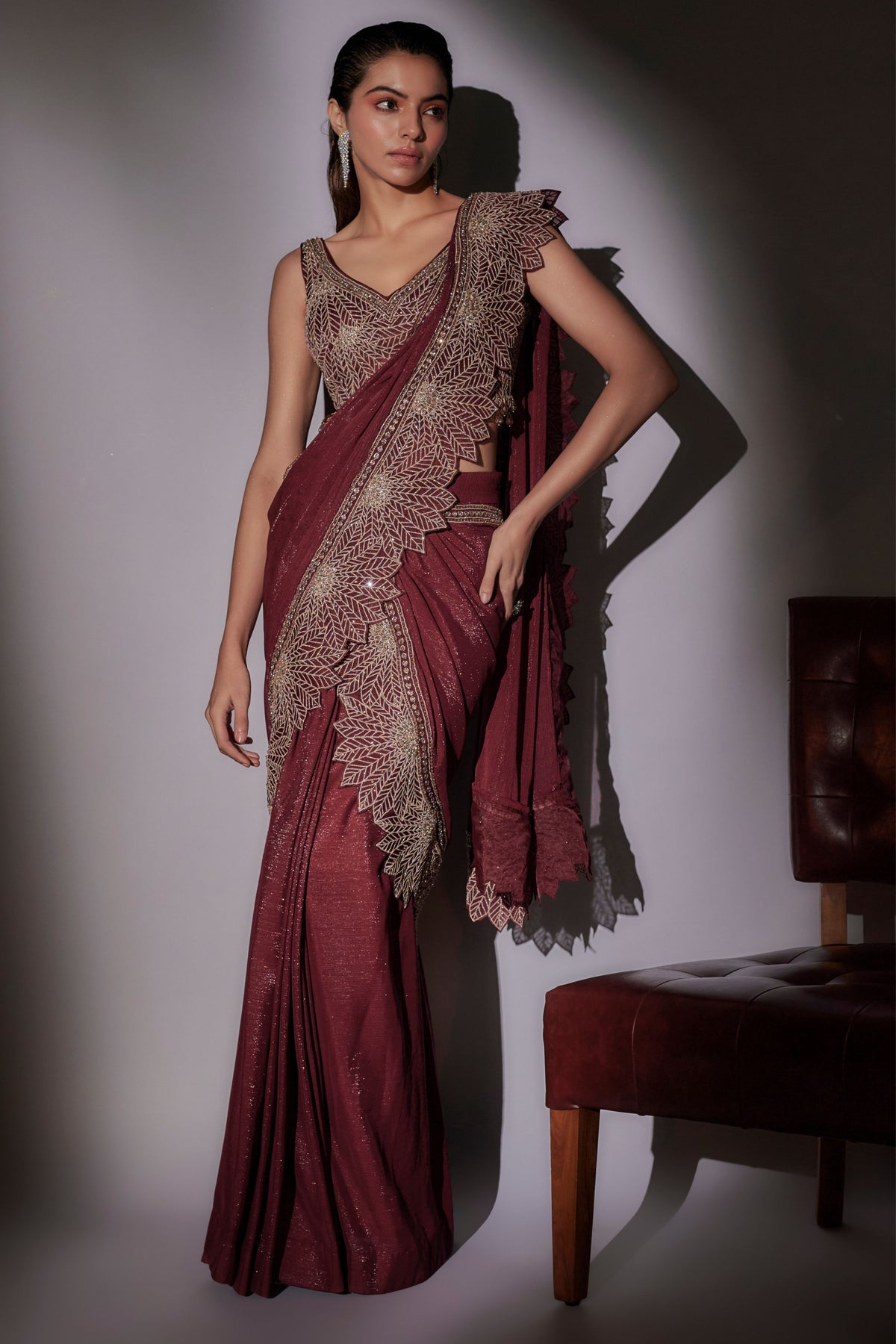 Heavy Leaf Pre-Draped Saree Set