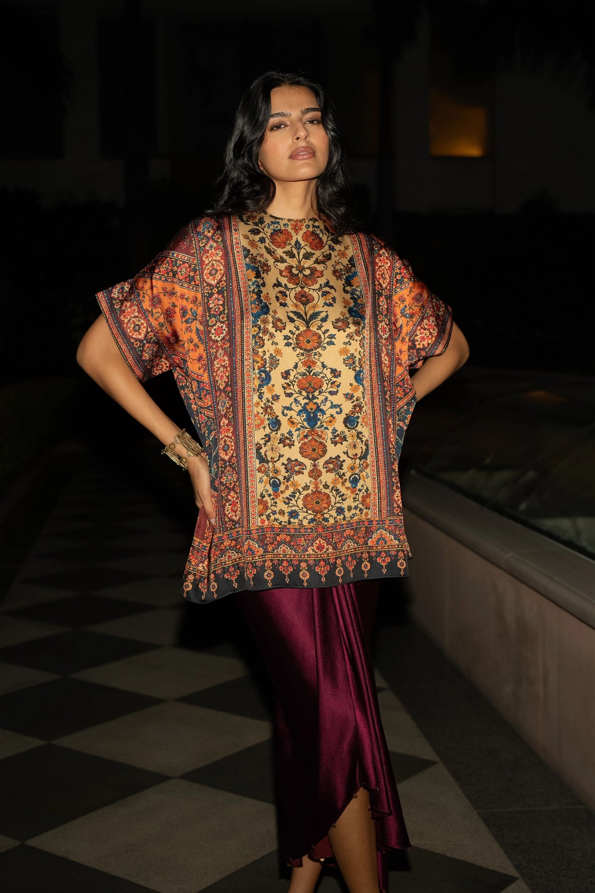 Print Top & Satin Drape Skirt