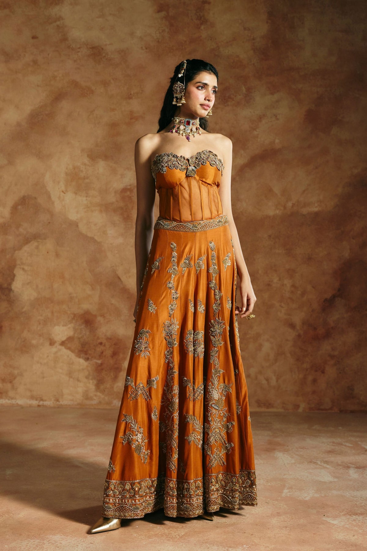 Orange Sindh Multicoloured Corset Set