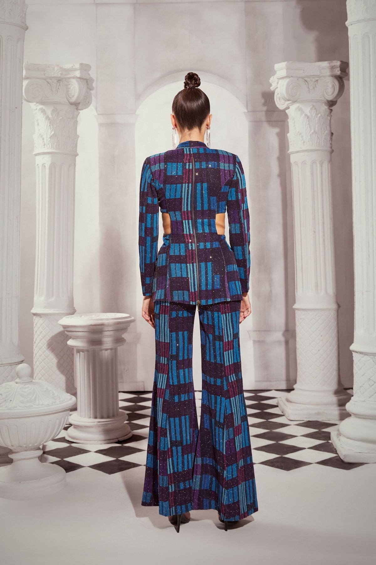 Blue Tile Print Cutout Front  Pantsuit Set