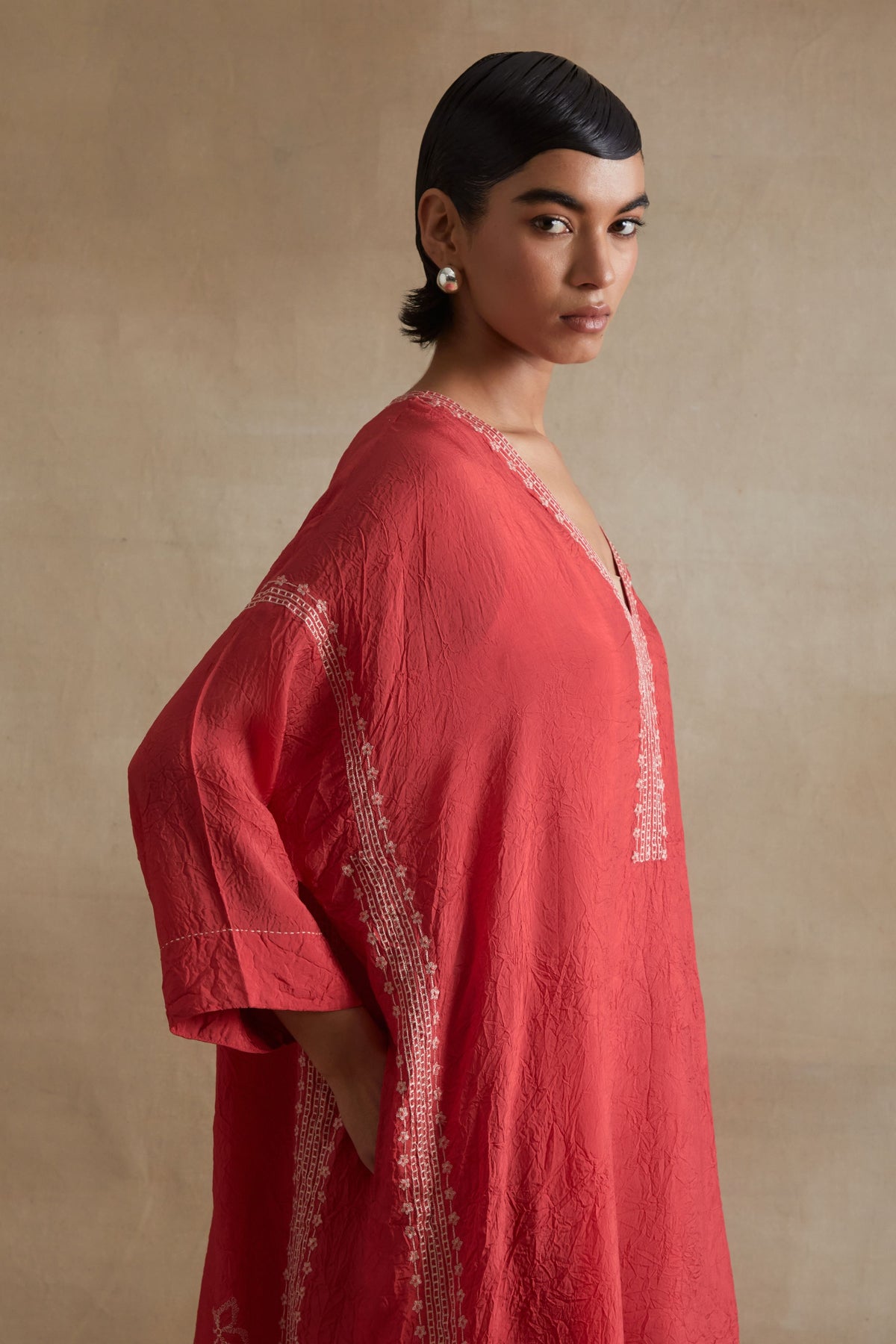 Tomato Thread Embroidered Kaftan Set