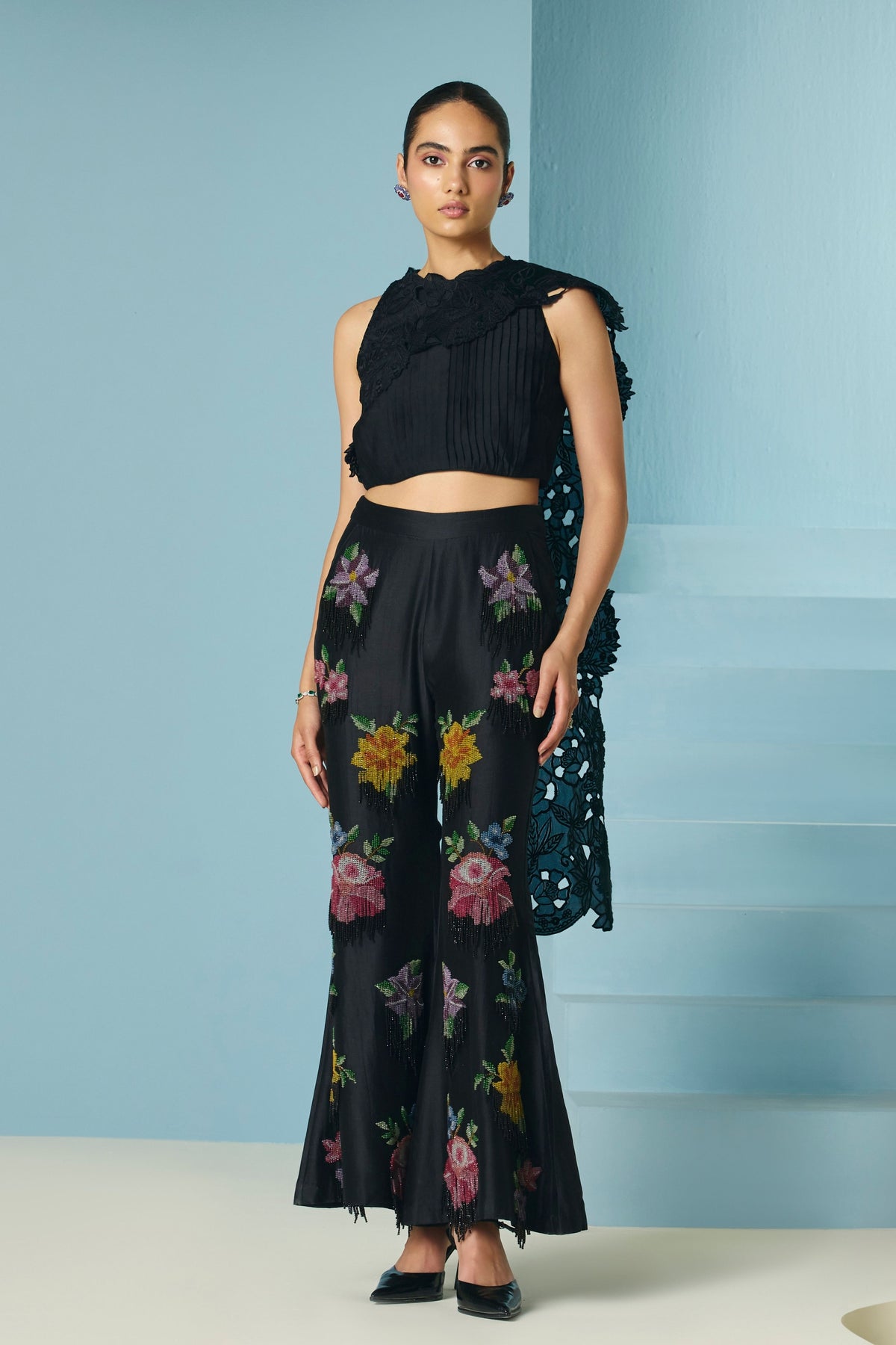 Black Floral Beadwork Fringe Flared Pants