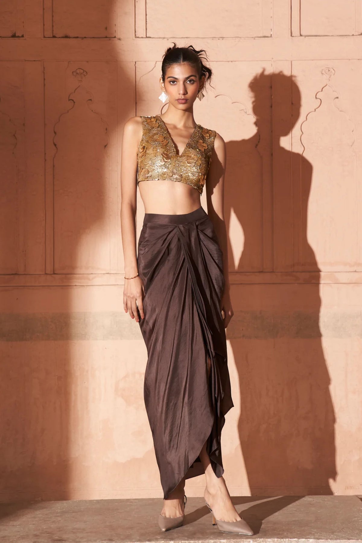 Brown Moroccan Cowl Skirt Set