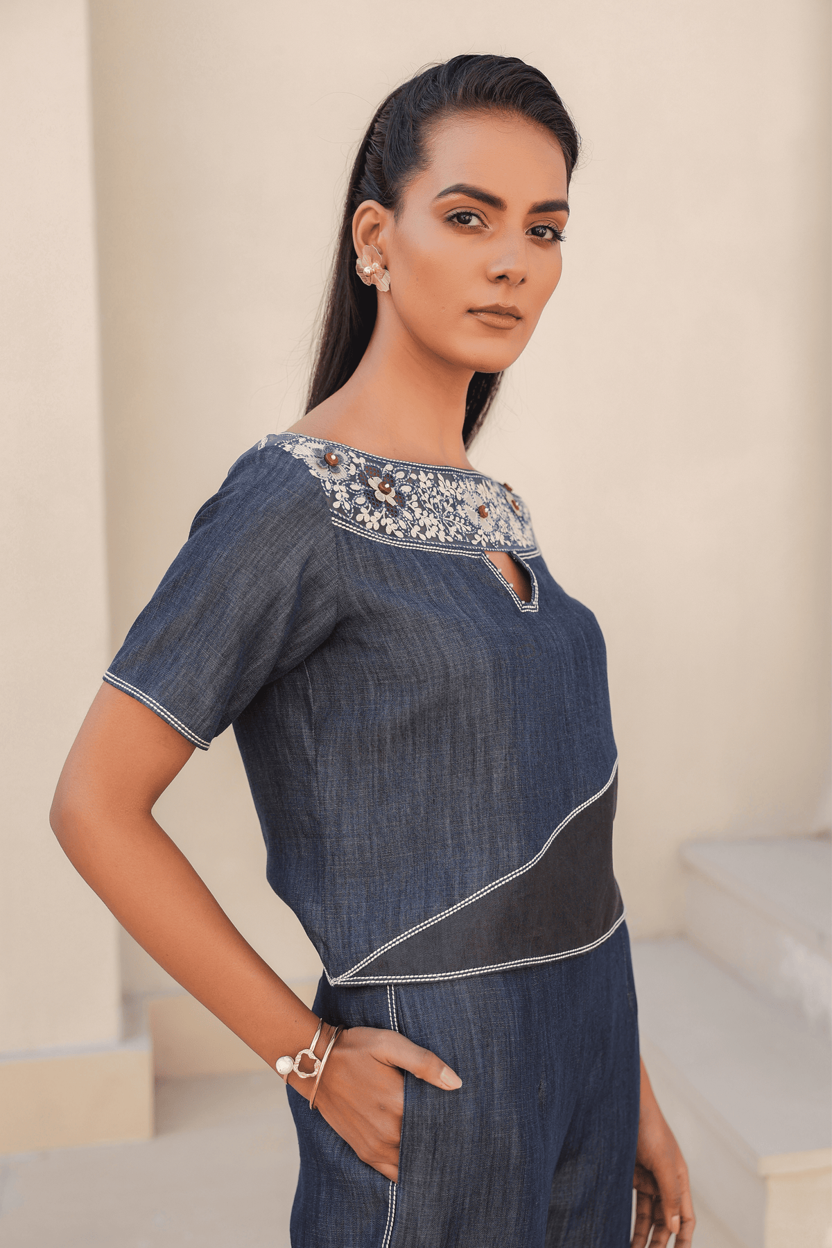 Azure Boat Neck Co-ord Set in Dark Blue