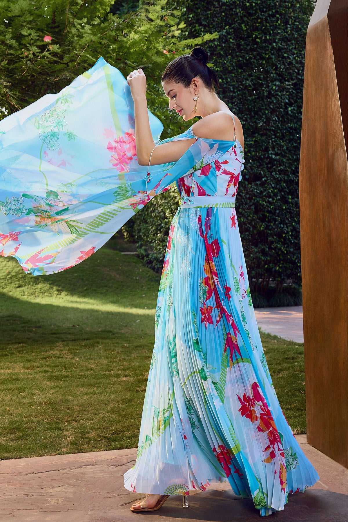 Deep V-neck Heat Pleat Maxi Dress