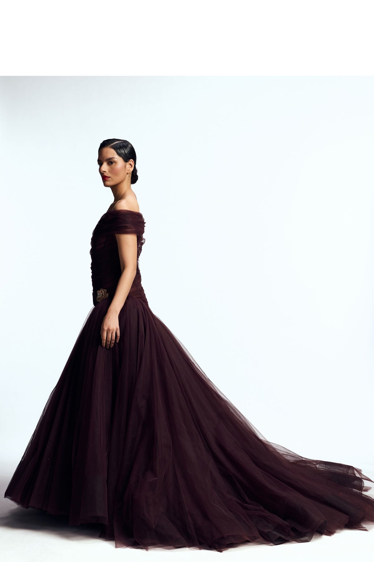 Off Shoulder Draped Tulle Gown