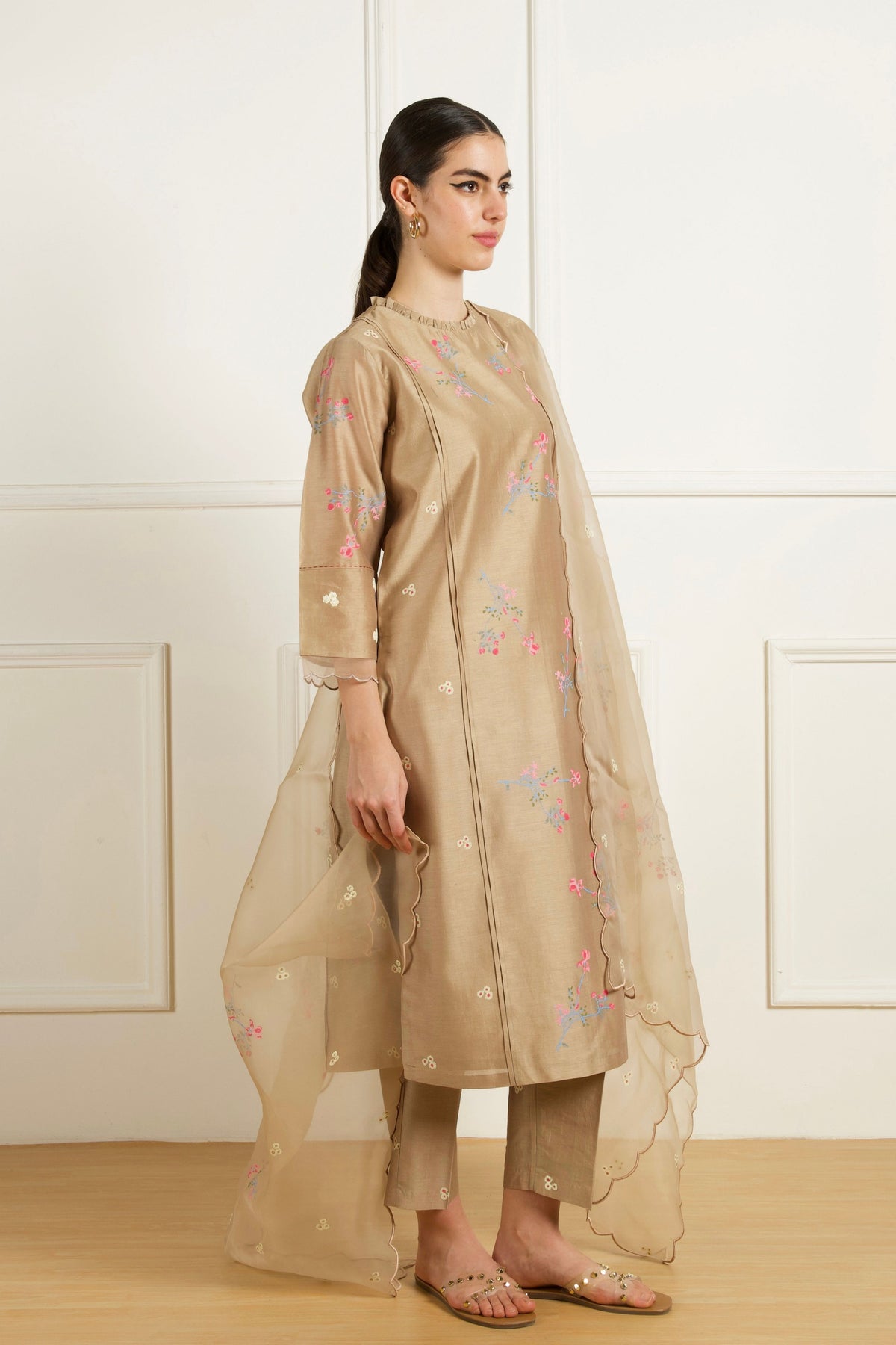 Beige Front Pleats Kurta Set