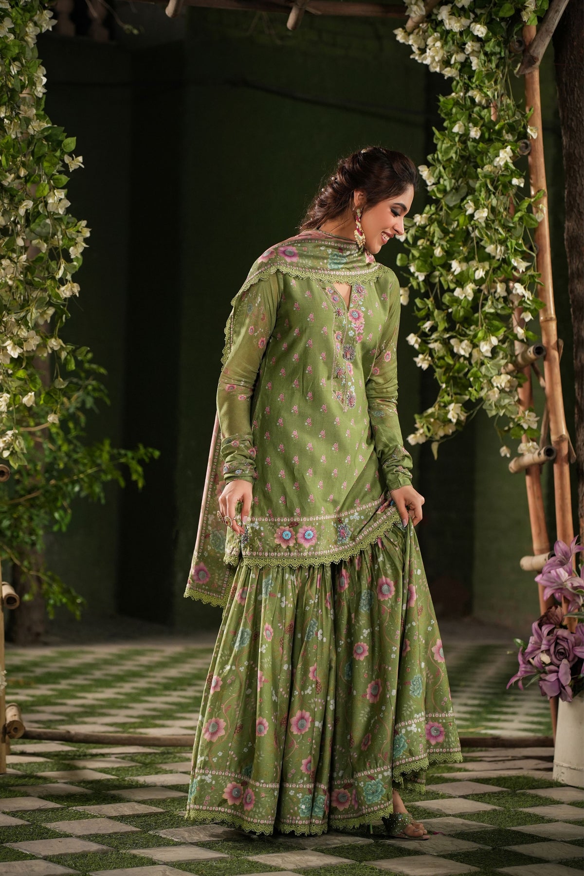 Mughal Sharara Set in Dark Green