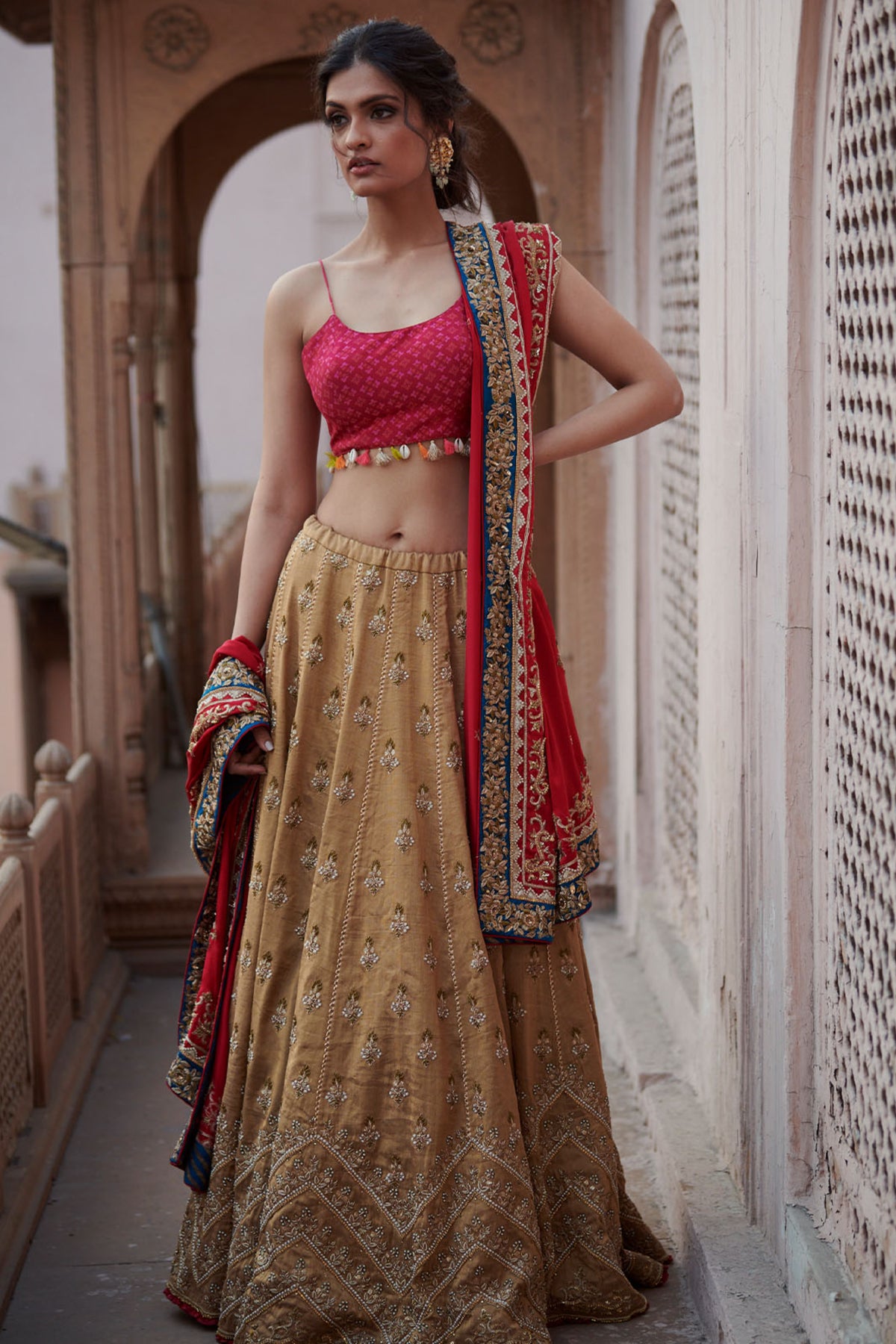 Zahra Antique Golden-jester Red Lahenga
