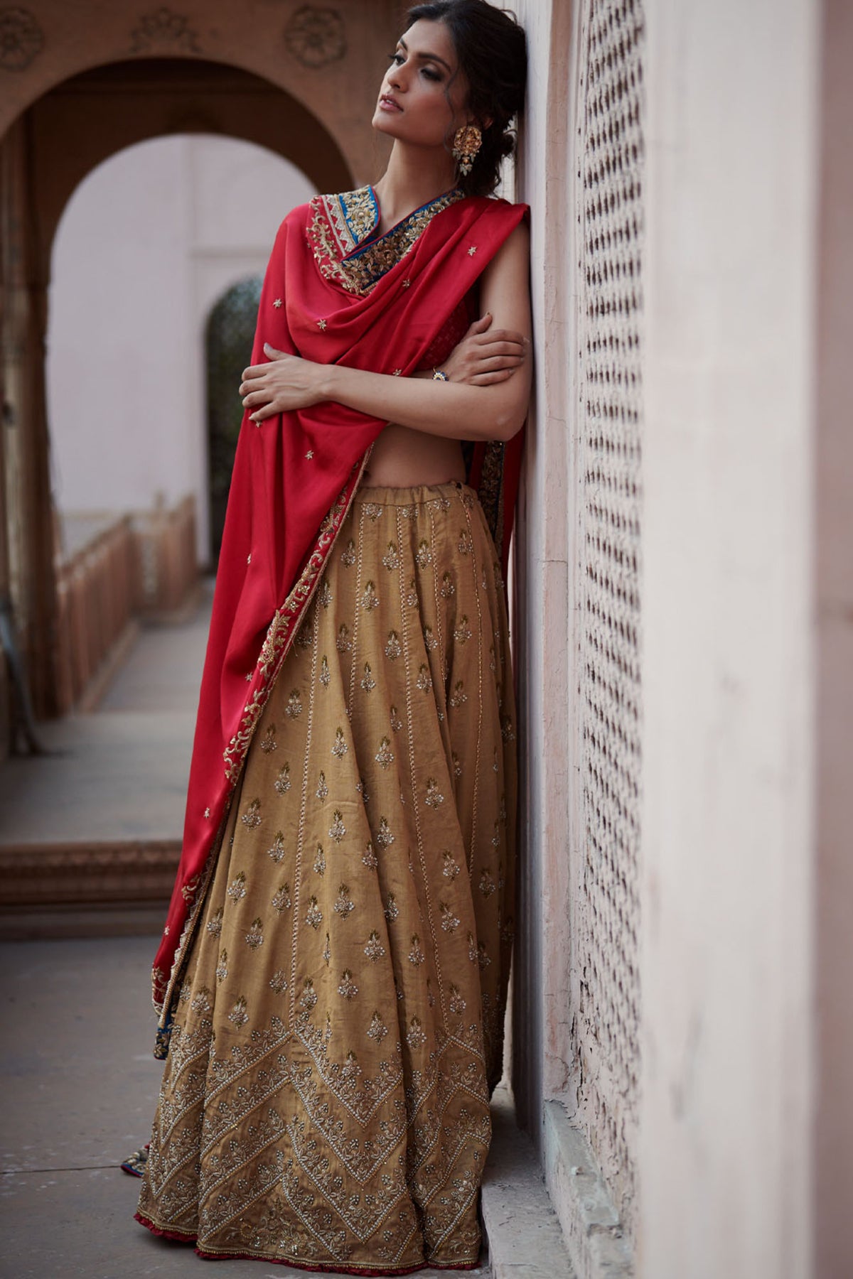 Zahra Antique Golden-jester Red Lahenga