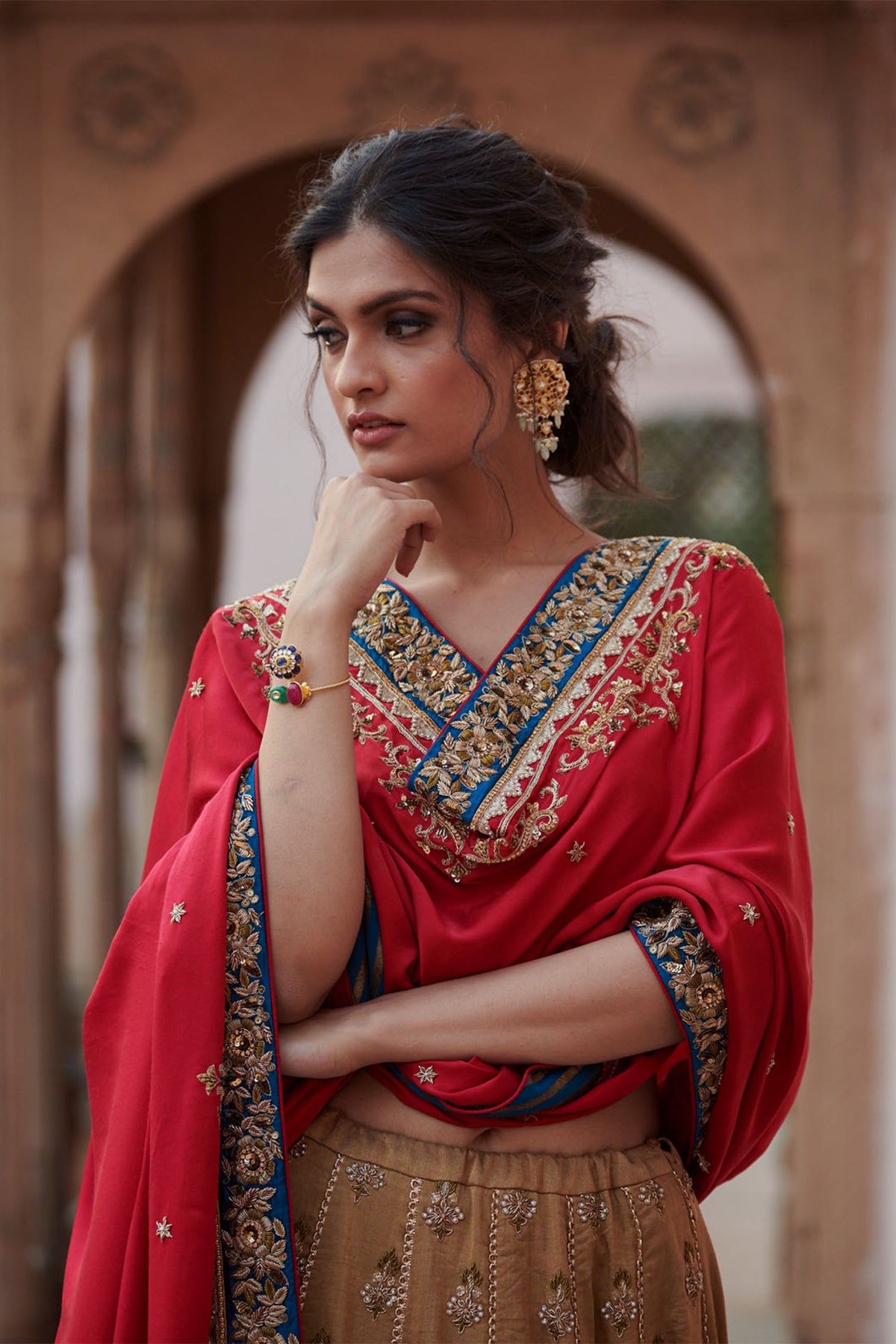 Zahra Antique Golden-jester Red Lahenga